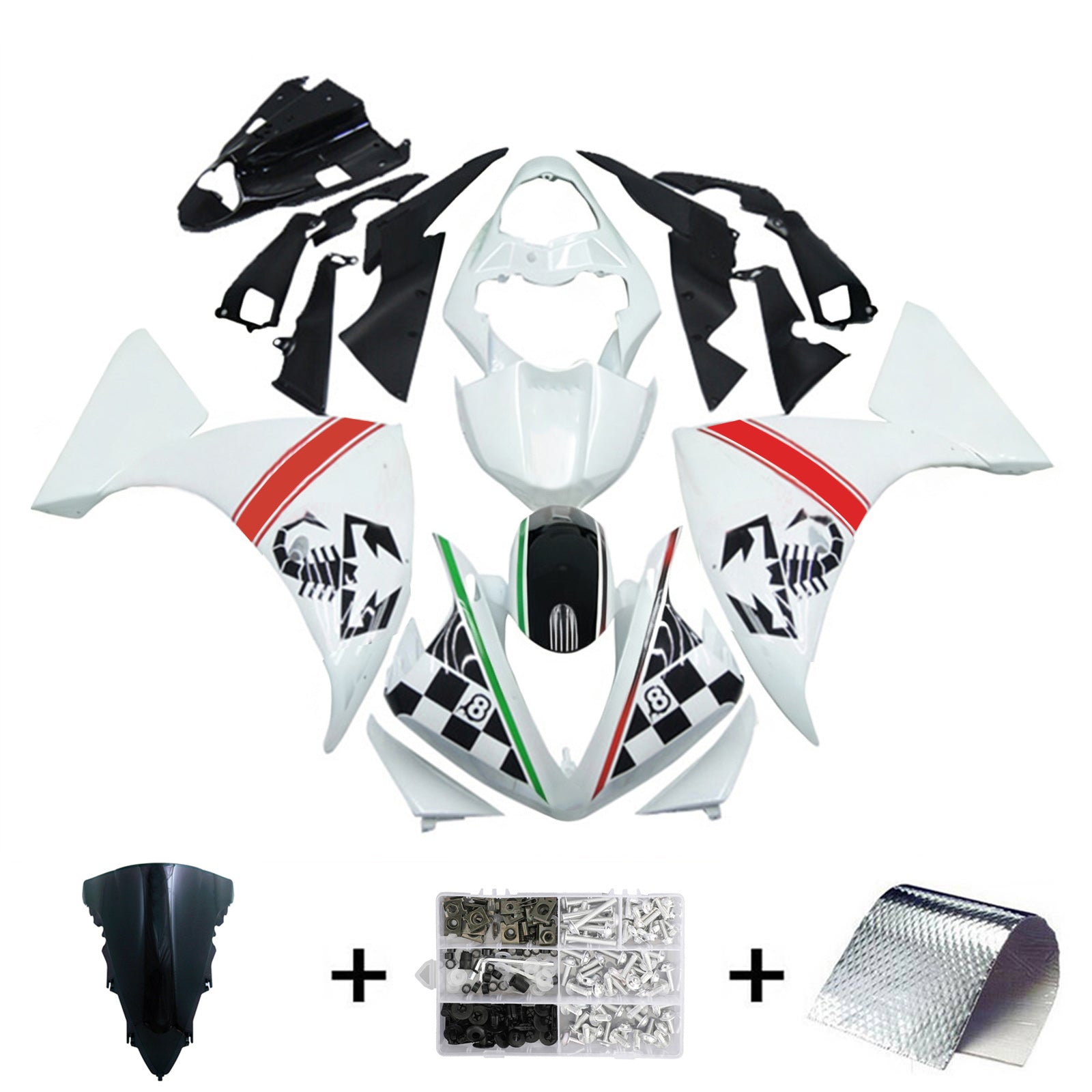Amotopart 2009-2011 Yamaha YZF 1000 R1 bianco con kit carenatura grafica nera