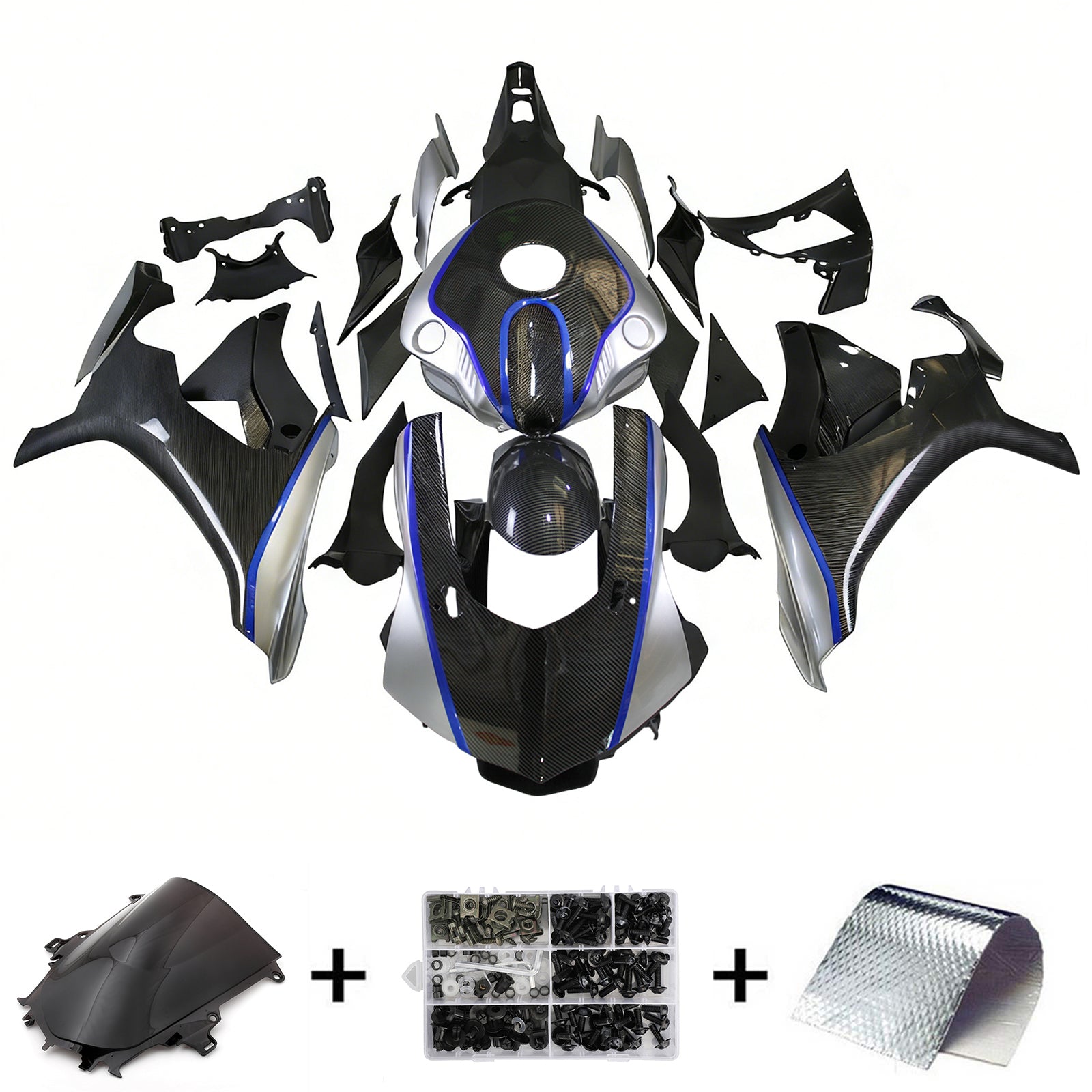 Amotopart ヤマハ 2015-2019 YZF 1000 R1 ブルー&ブラック カーボンファイバー フェアリングキット