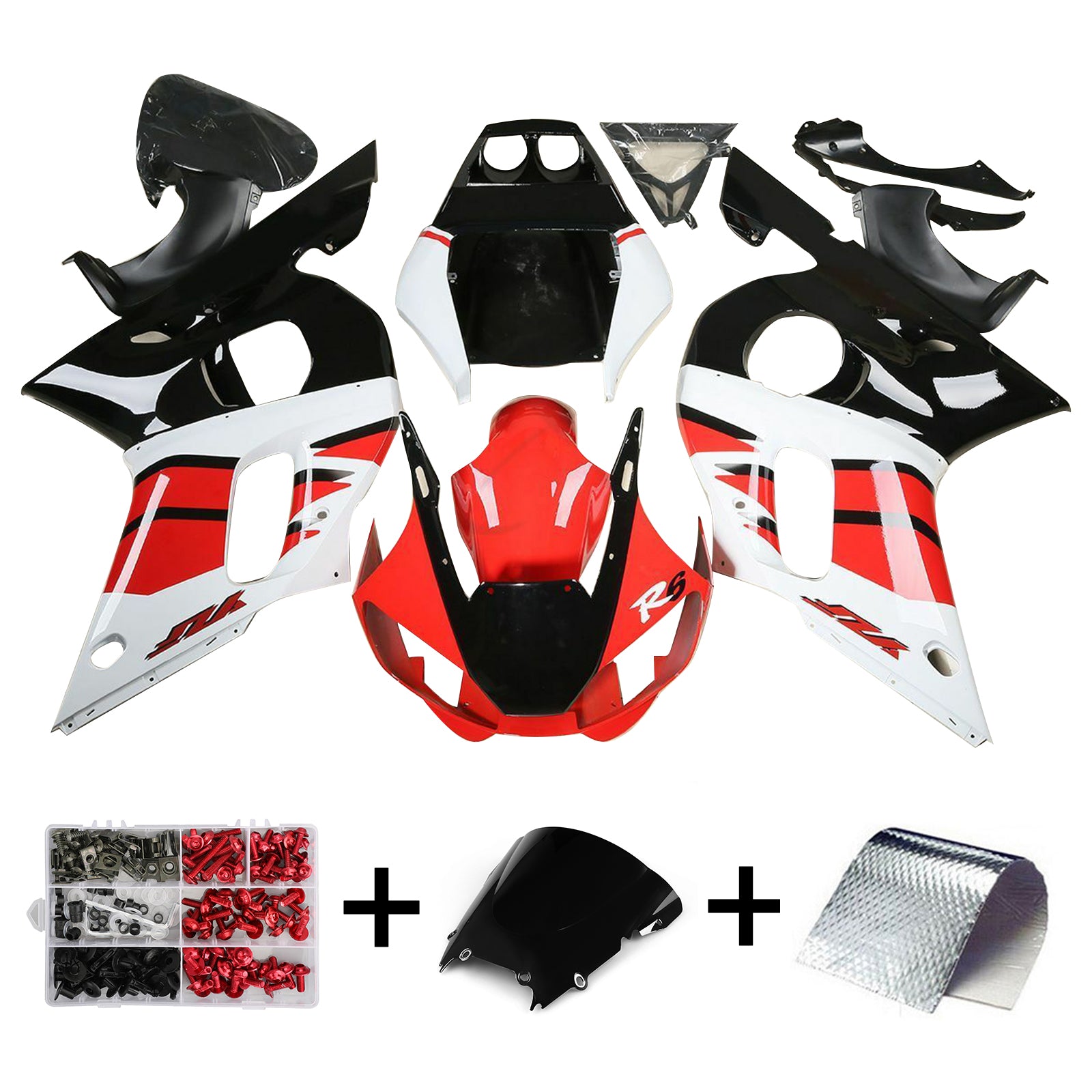 Amotopart 1998-2002 Yamaha YZF R6 Red-White-Black Fairing Kit