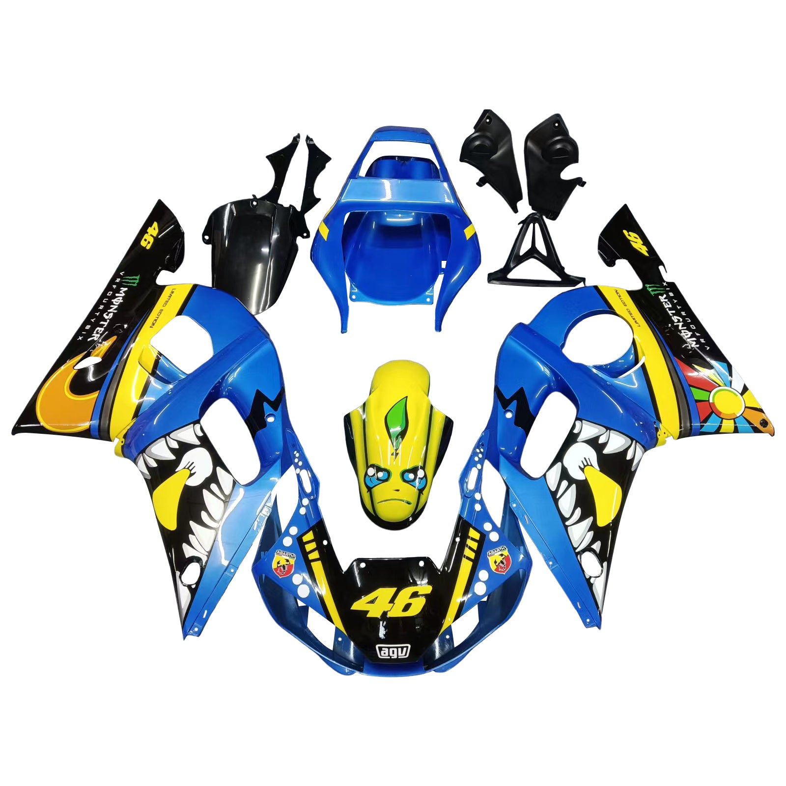 Amotopart 1998-2002 Yamaha YZF 600 R6 Kit de carénage Monster bleu et jaune