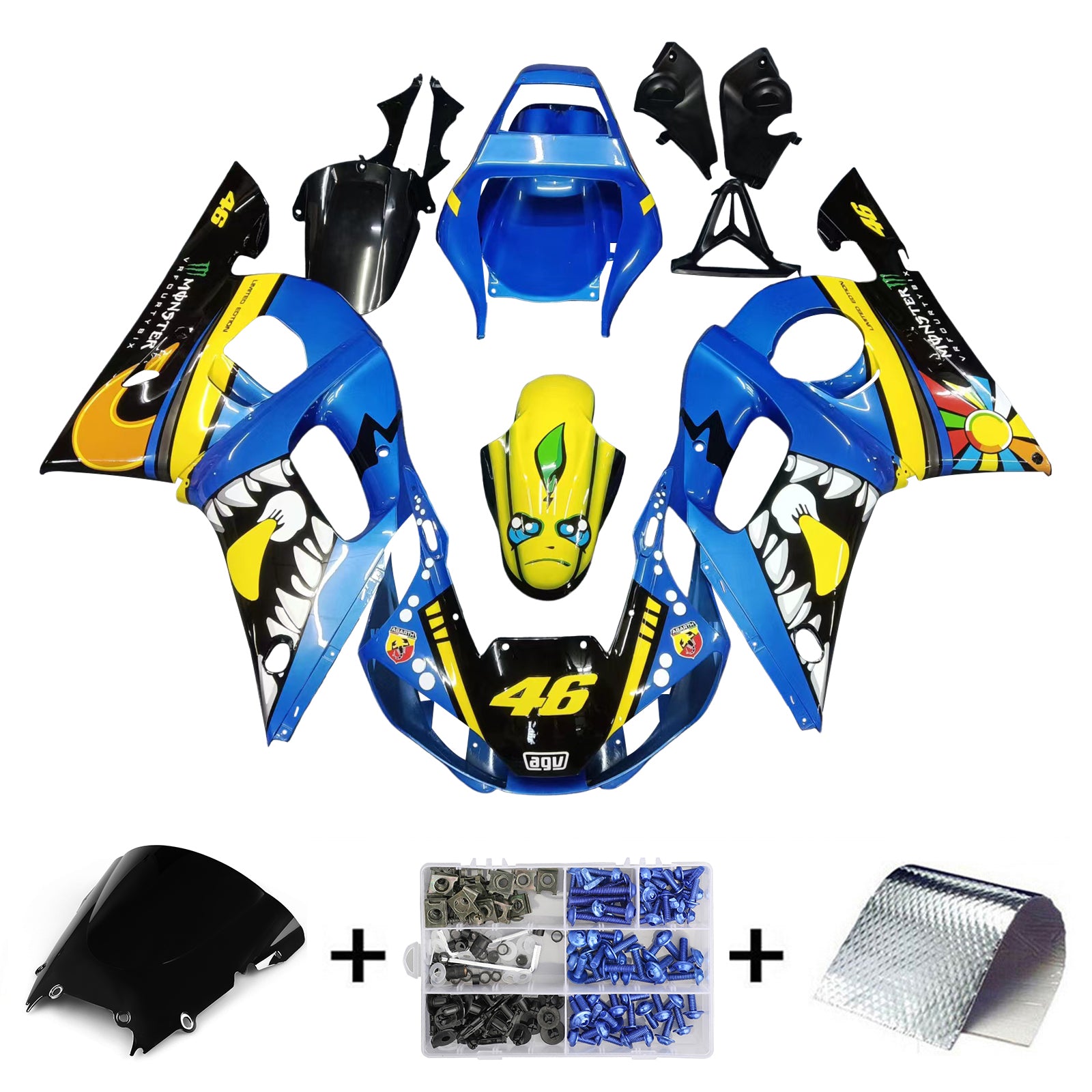 Amotopart 1998-2002 Yamaha YZF 600 R6 Kit de carenado Monster azul y amarillo