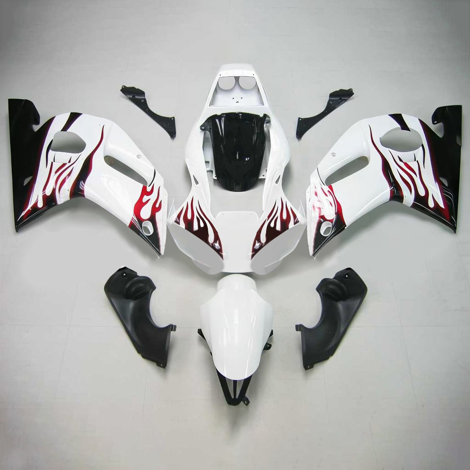 Amotopart Yamaha 1998–2002 YZF 600 R6 Weiß Schwarz Feuer Verkleidungsset