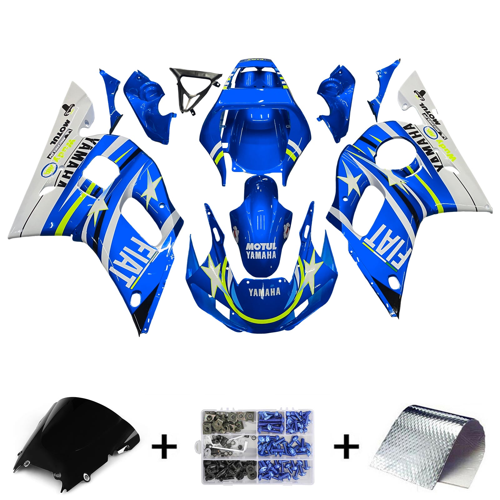 Amotopart Yamaha 1998-2002 YZF 600 R6 Blu Con Kit Carena Stella Bianca