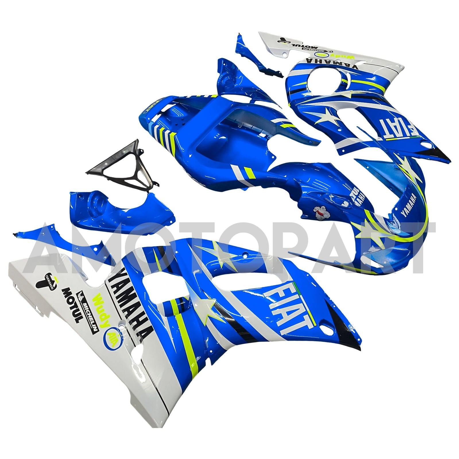 Amotopart Yamaha 1998-2002 YZF 600 R6 Blau mit weißem Sternverkleidungskit