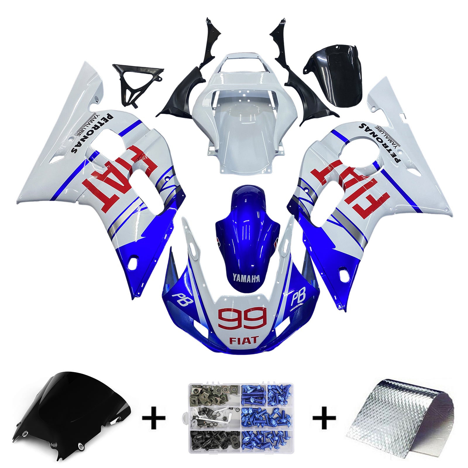 Amotopart Yamaha 1998-2002 YZF 600 R6 Kit de carenado azul mezclado blanco