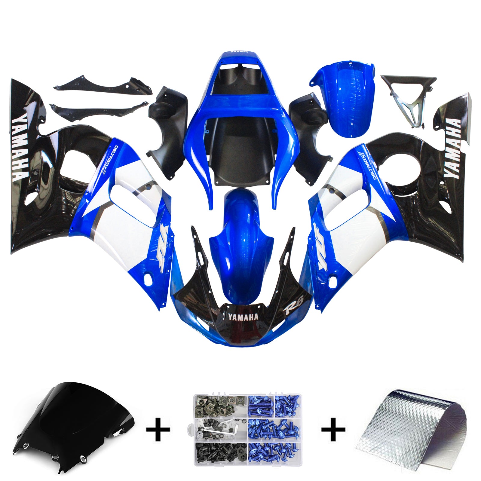 Amotopart Yamaha 1998-2002 YZF 600 R6 Kit de carenado negro mezclado azul