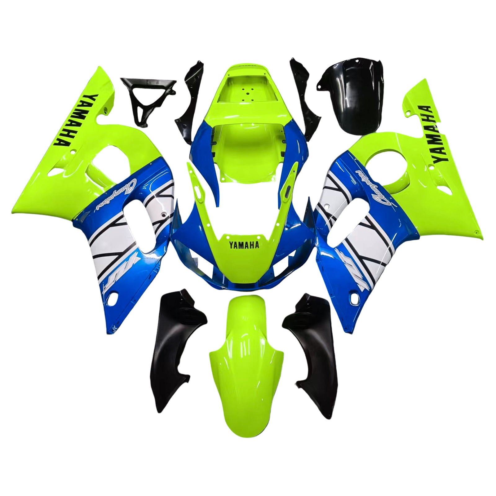 Amotopart Yamaha 1998-2002 YZF 600 R6 azul con kit de carenado amarillo fluorescente