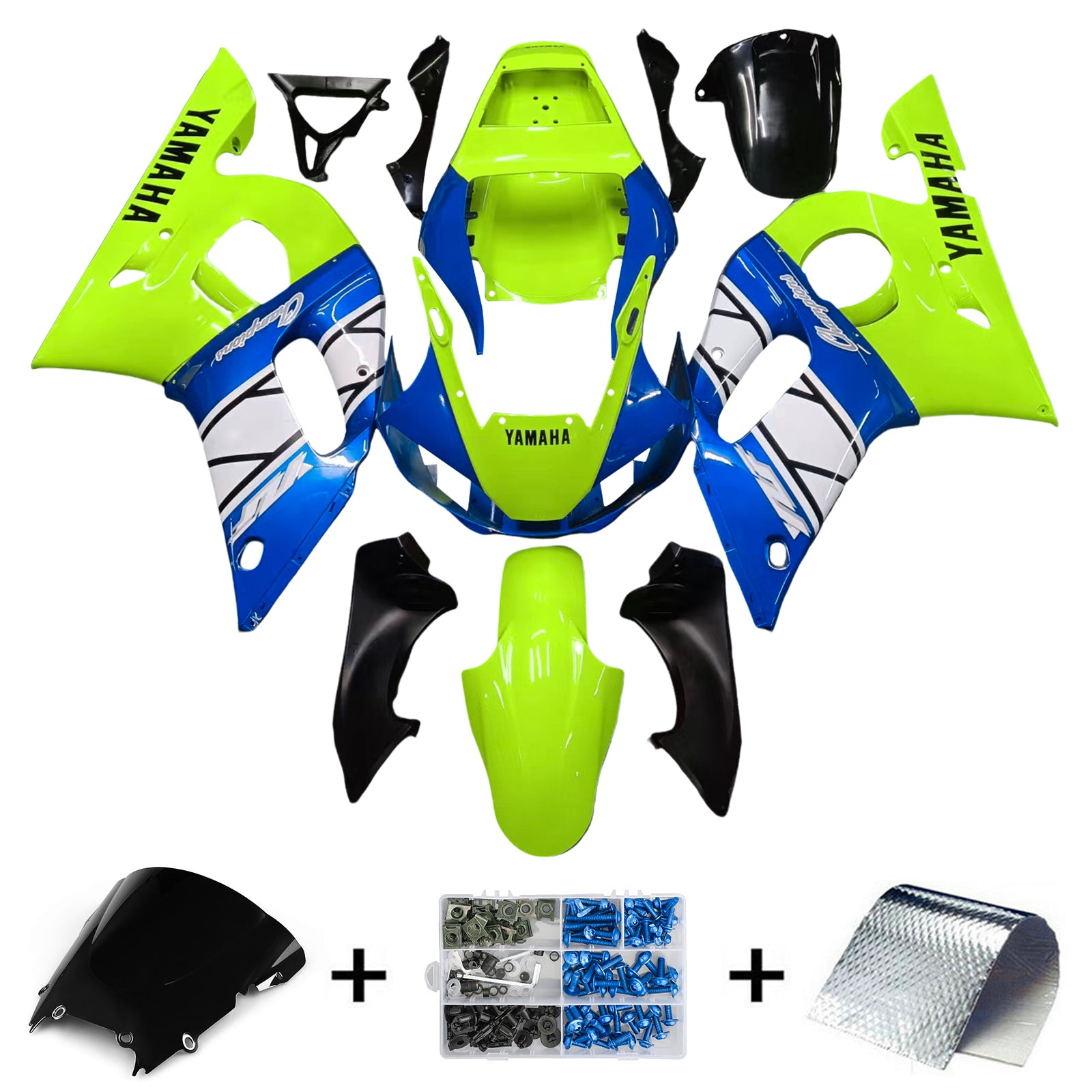 Amotopart Yamaha 1998-2002 YZF 600 R6 Bleu avec kit de carénage jaune fluo