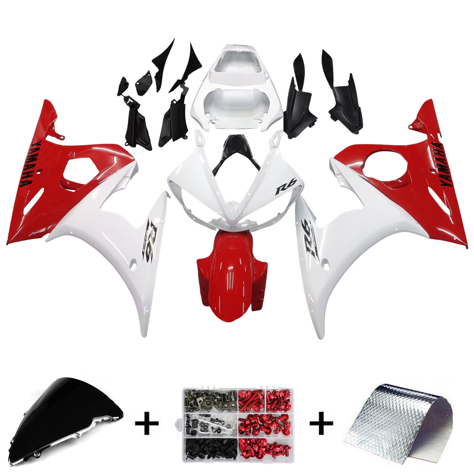 Amotopart 2003–2004 Yamaha R6 &amp; 2006–2009 YZF R6S Verkleidungsset, Rot-Mix, Weiß