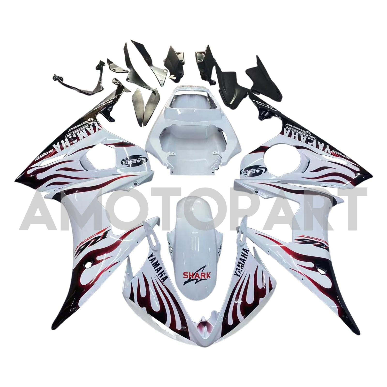Amotopart 2003-2004 Yamaha R6 & 2006-2009 YZF R6S Fairing White&Black Flame Kit