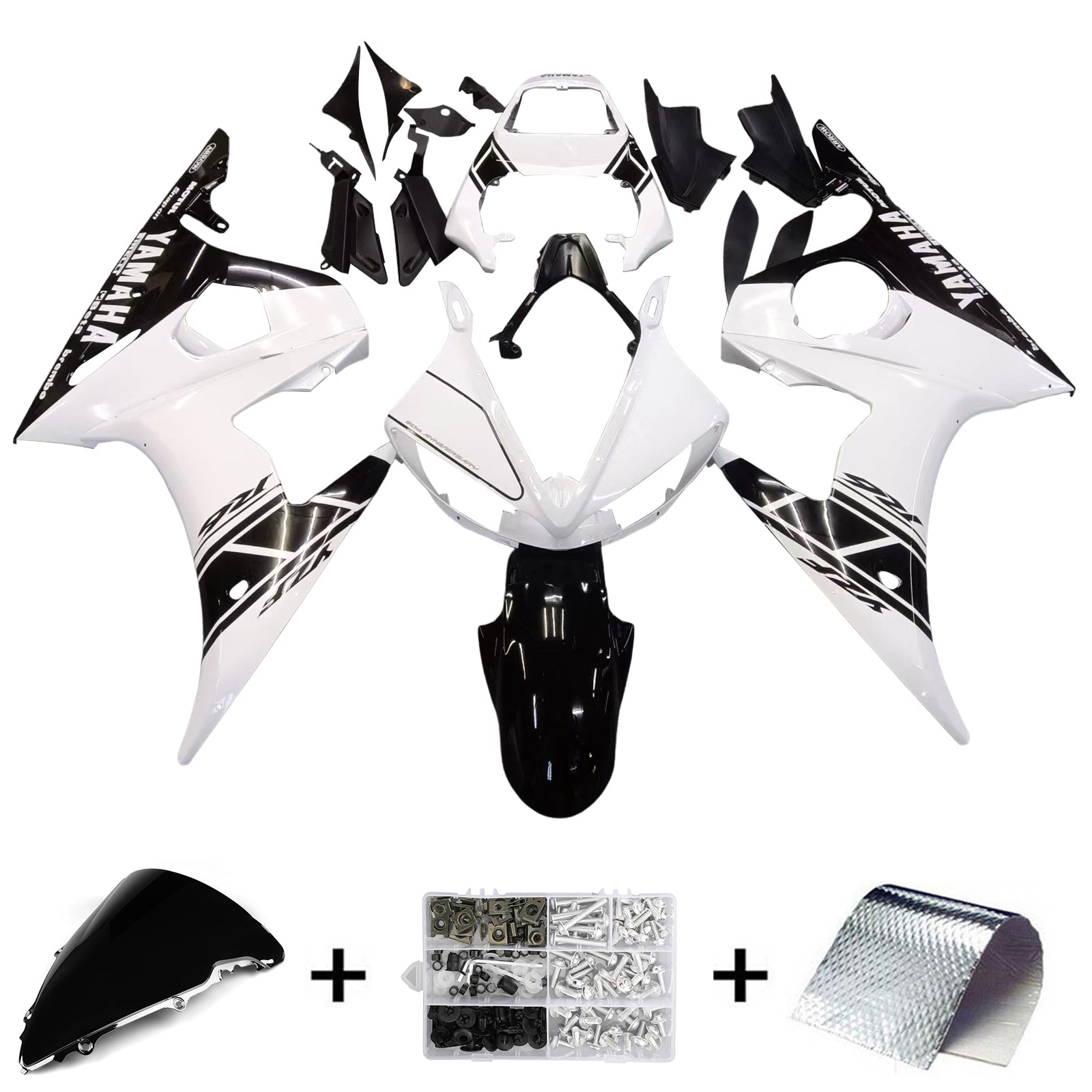 Amotopart 2003-2004 Yamaha R6 & 2006-2009 YZF R6S Fairing White&Black Color Kit