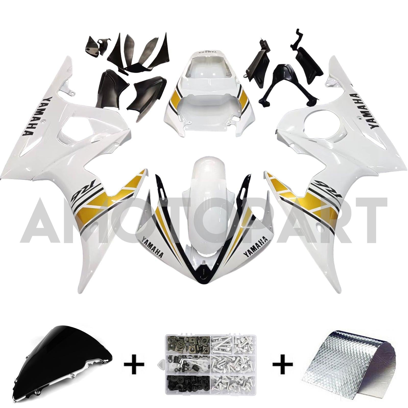 Amotopart 2003-2004 YZF 600 R6 & 2006-2009 YZF R6S Yamaha White & Gold Fairing Kit