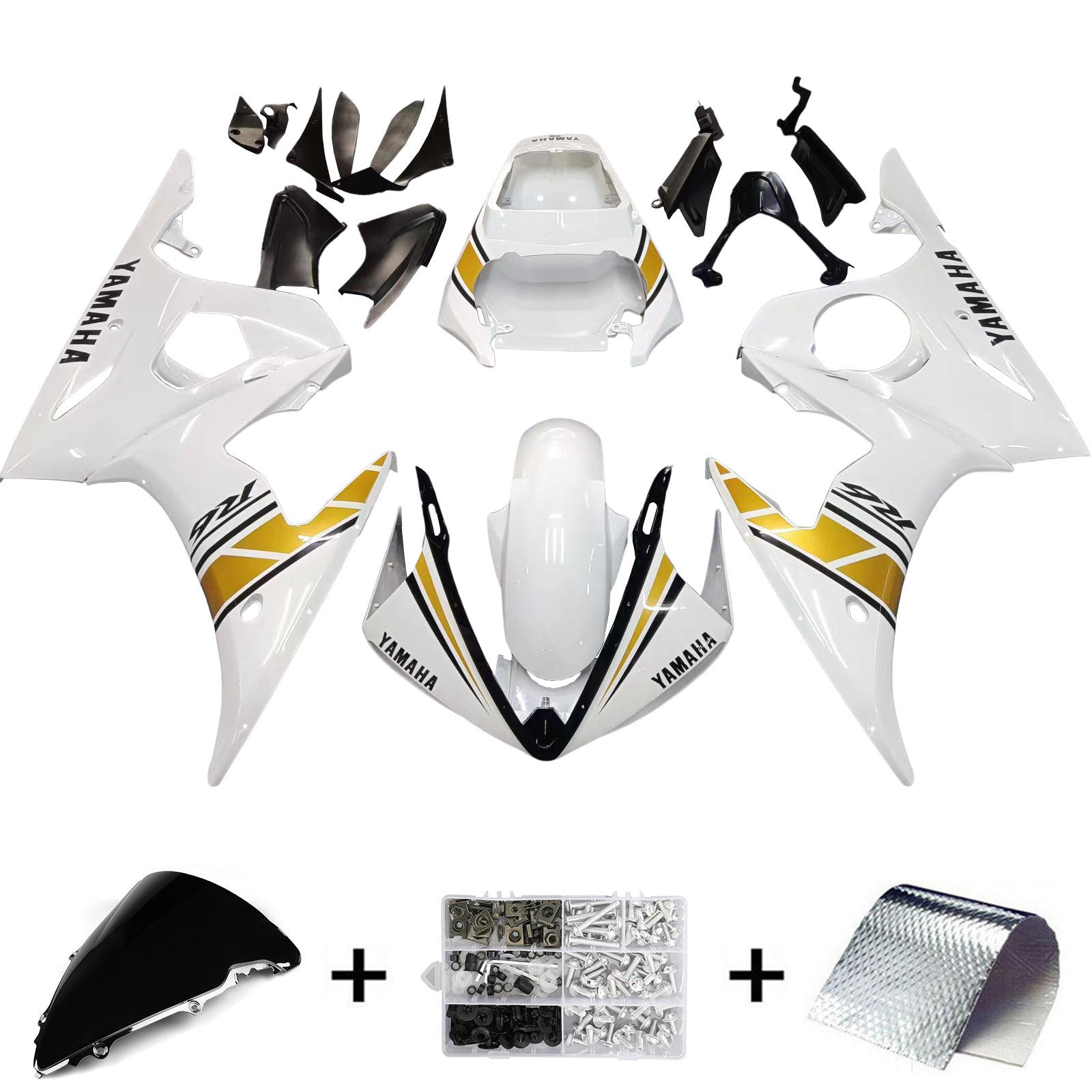 Amotopart 2003-2004 YZF 600 R6 & 2006-2009 YZF R6S Yamaha White&Gold Fairing Kit