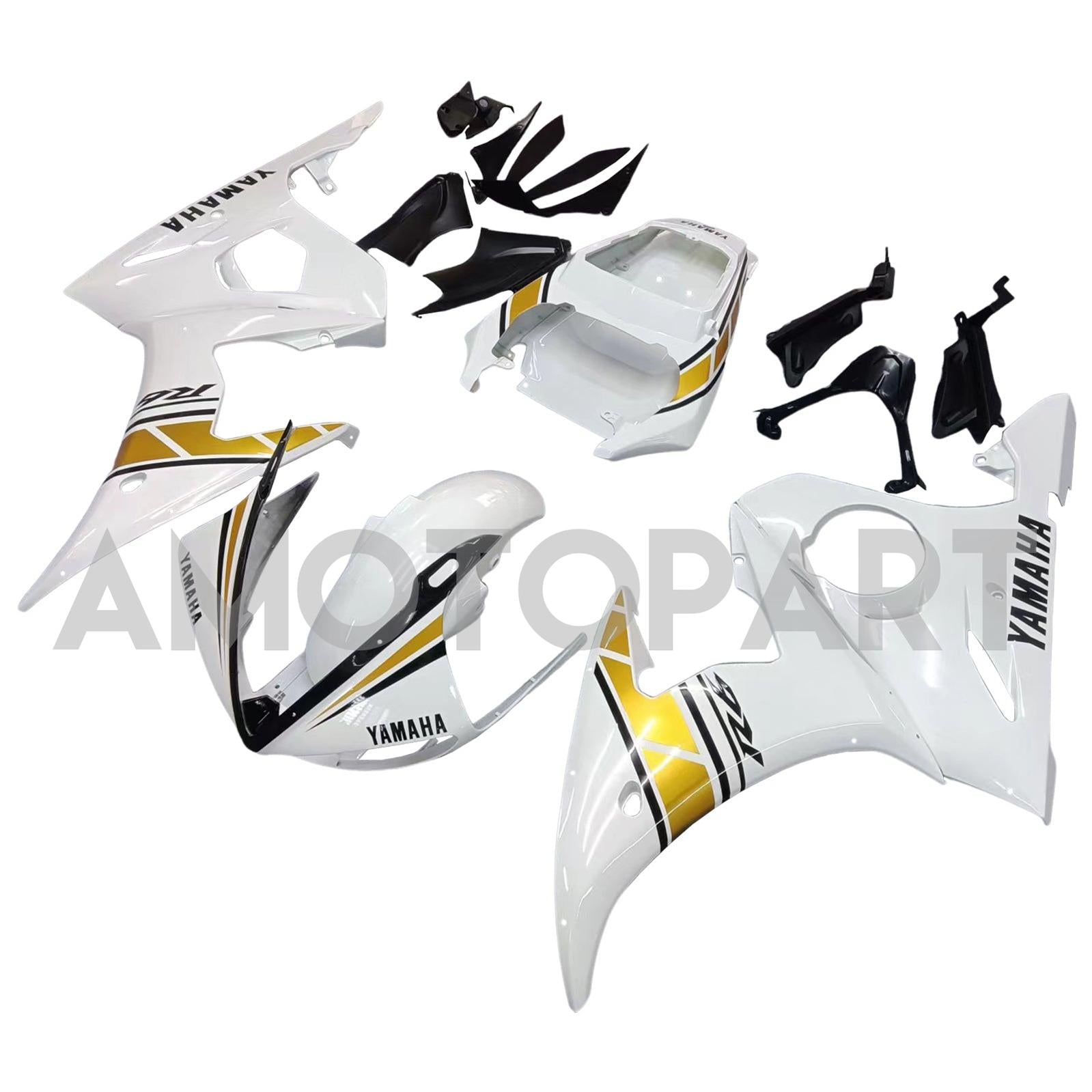 Amotopart 2003-2004 YZF 600 R6 & 2006-2009 YZF R6S Yamaha White & Gold Fairing Kit