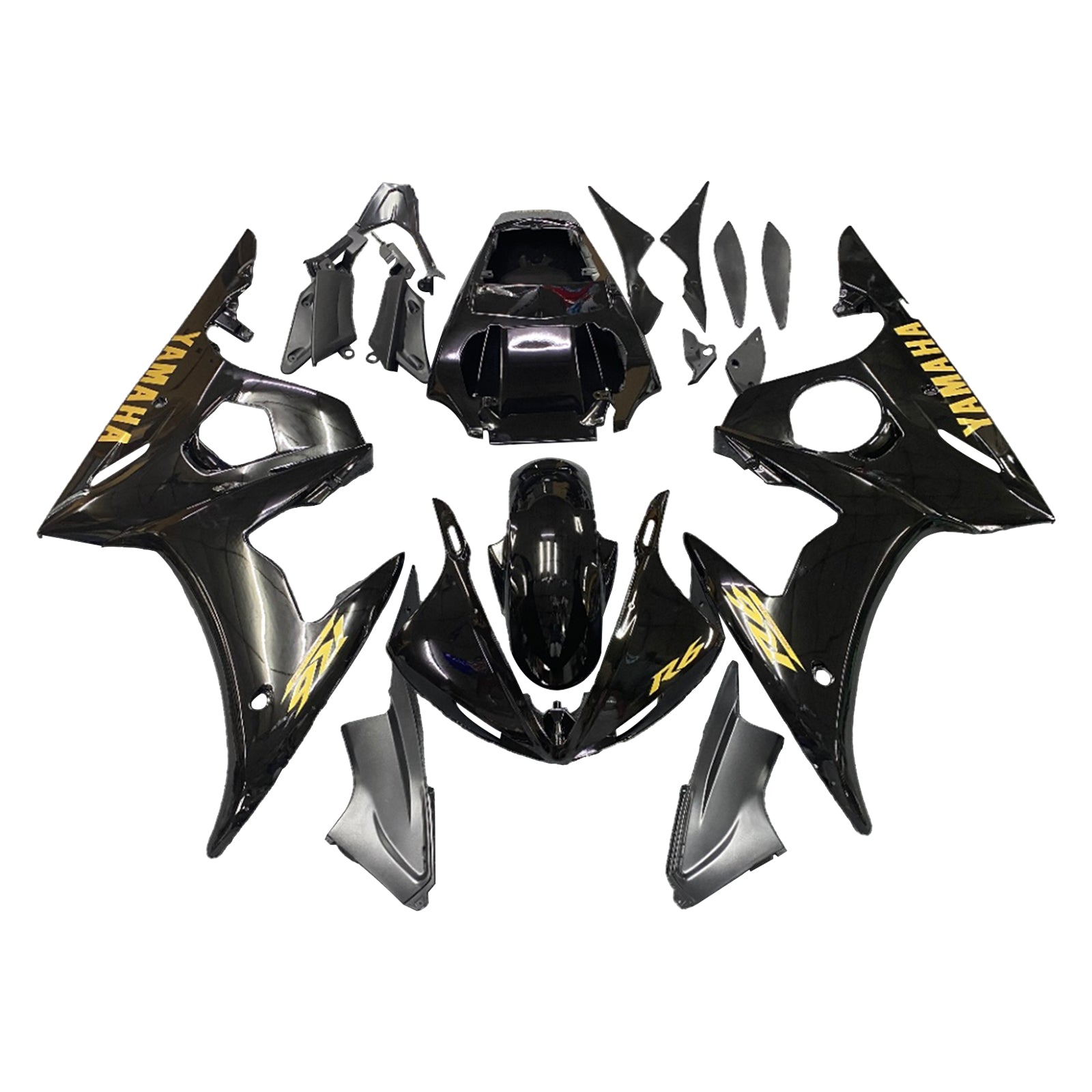 Amotopart Yamaha 2003-2004 YZF 600 R6 & 2006-2009 YZF R6S Black with Gold Logo Fairing Kit