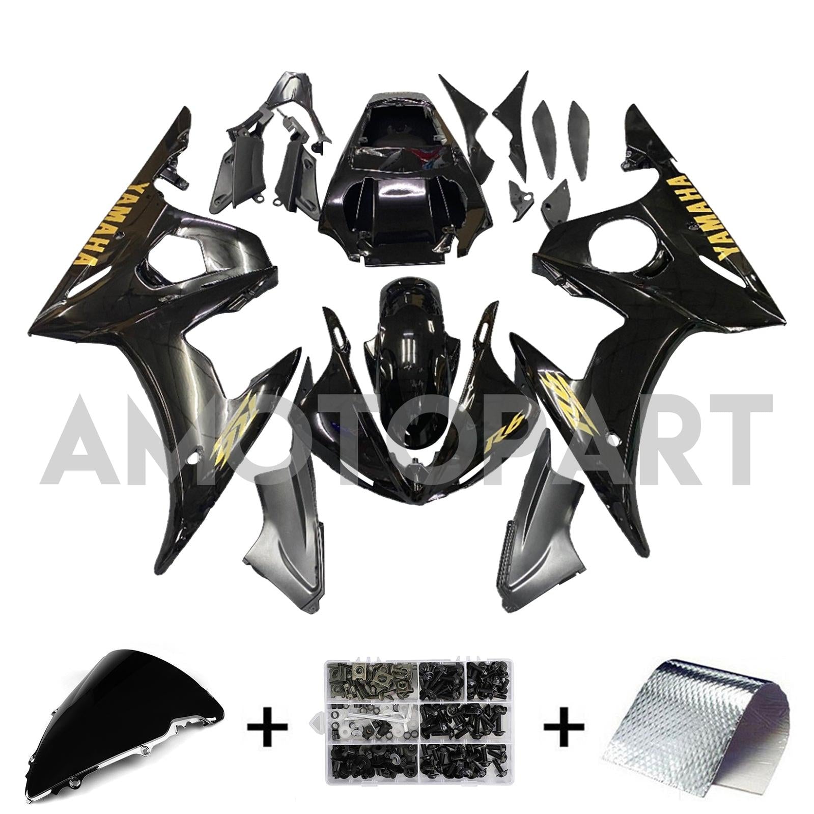 Amotopart Yamaha 2003-2004 YZF 600 R6 & 2006-2009 YZF R6S Black with Gold Logo Fairing Kit