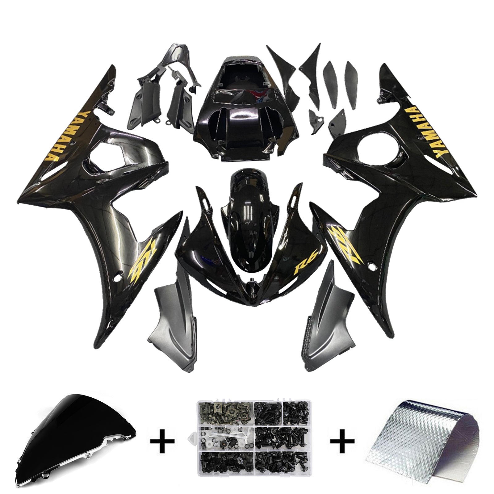 Amotopart Yamaha 2003-2004 YZF 600 R6 & 2006-2009 YZF R6S Kit de carénage noir avec logo doré