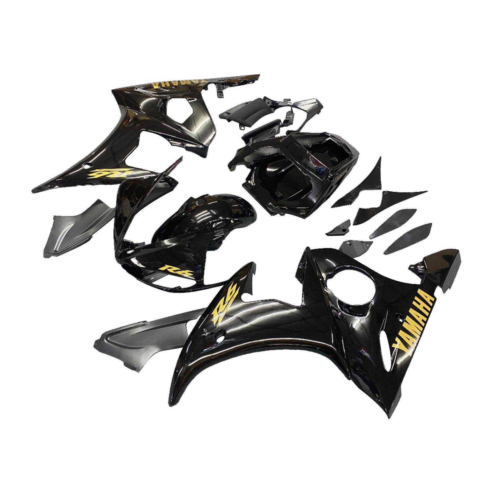 Amotopart Yamaha 2003-2004 YZF 600 R6 & 2006-2009 YZF R6S Black with Gold Logo Fairing Kit