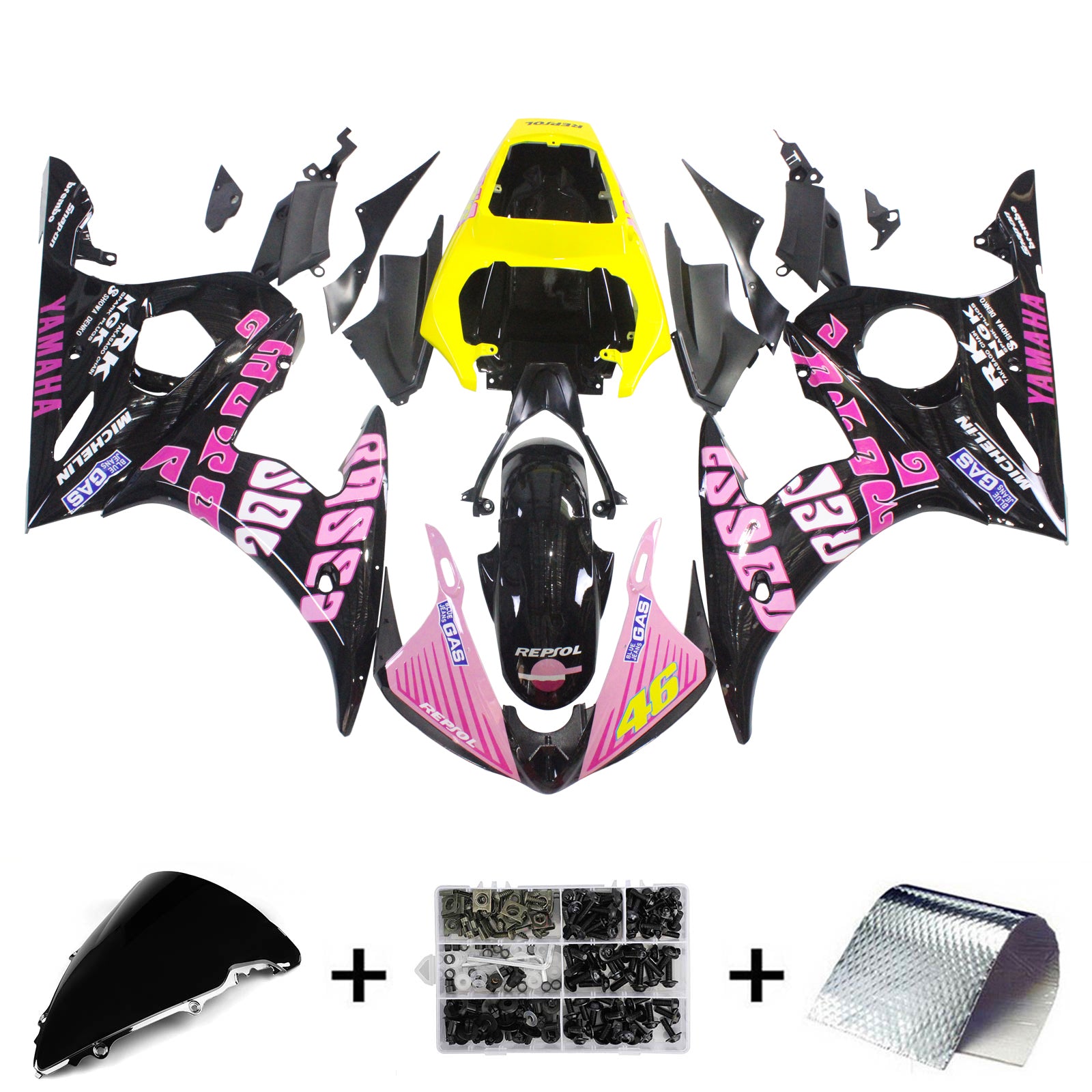 Amotopart Yamaha 2003–2004 YZF 600 R6 &amp; 2006–2009 YZF R6S Schwarz-Rosa Verkleidungsset