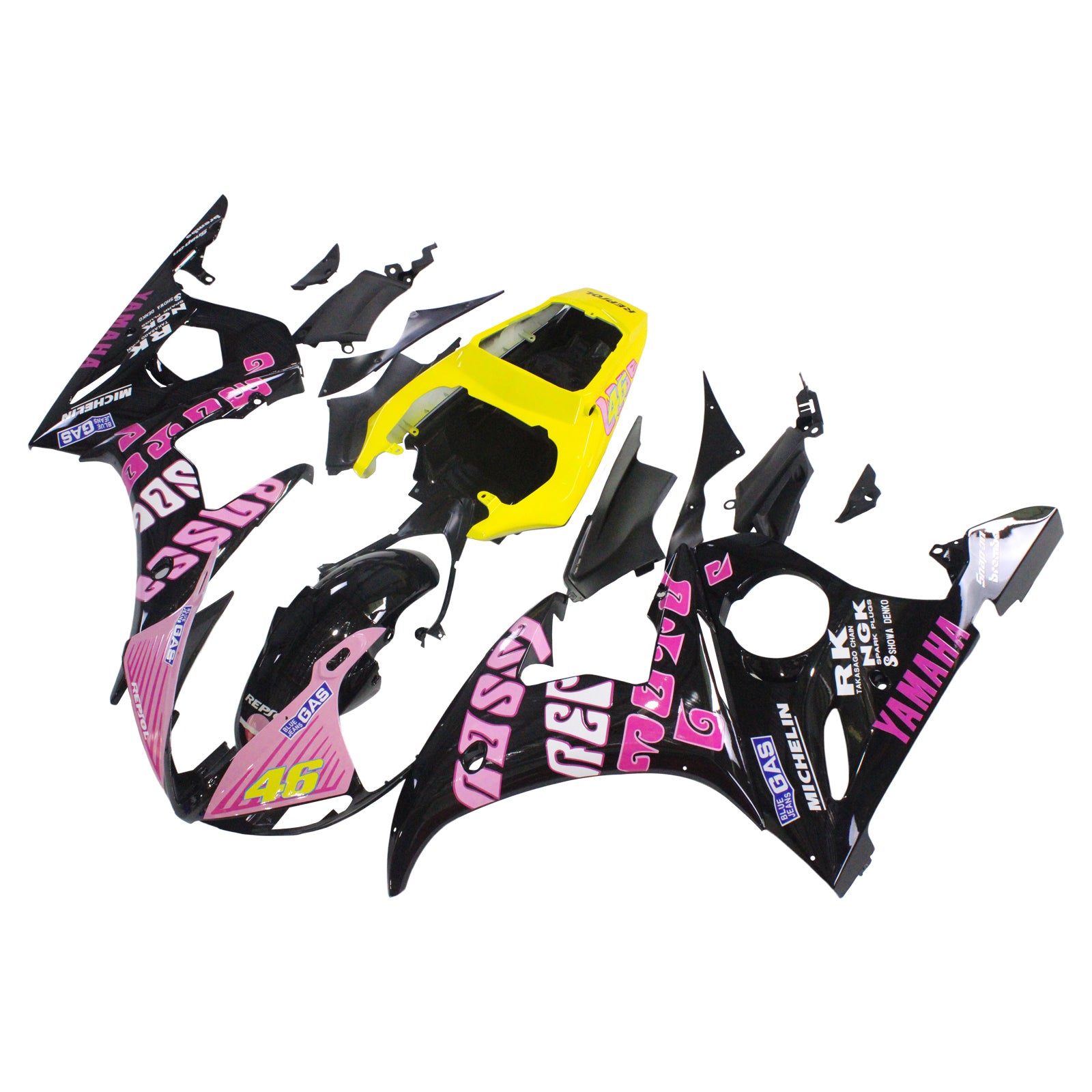 Amotopart Yamaha 2003–2004 YZF 600 R6 &amp; 2006–2009 YZF R6S Schwarz-Rosa Verkleidungsset