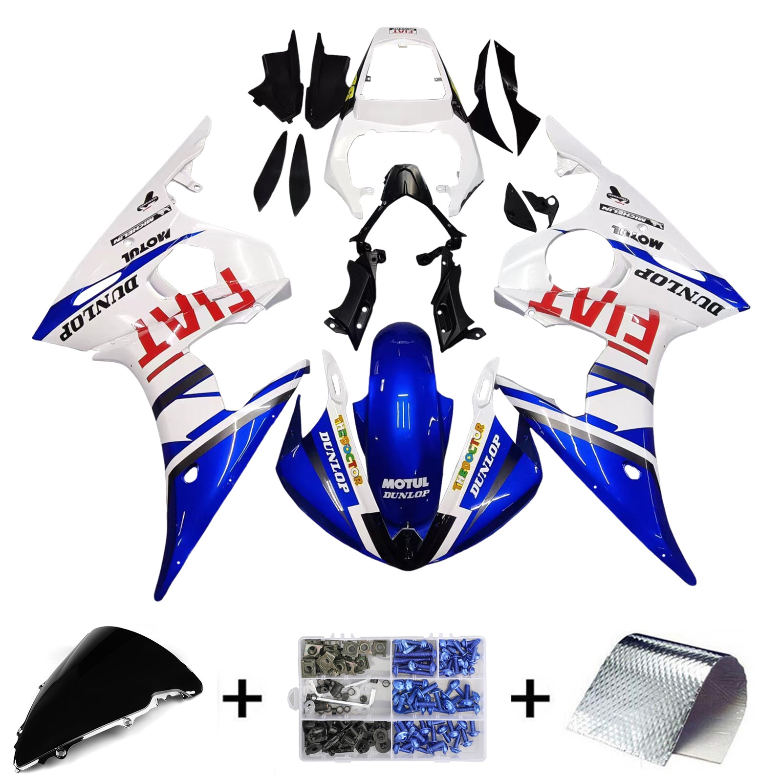 Kit de carénage Amotopart 2005 Yamaha R6 blanc et bleu