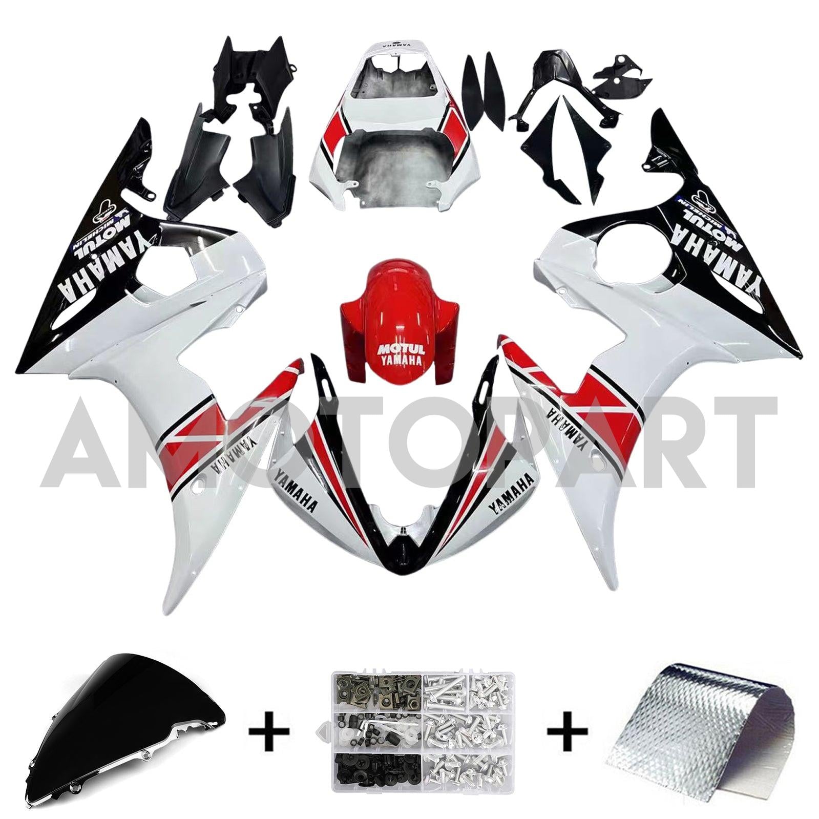 Amotopart Yamaha 2003-2004 YZF 600 R6 & 2006-2009 YZF R6S White Red Fairing Kit