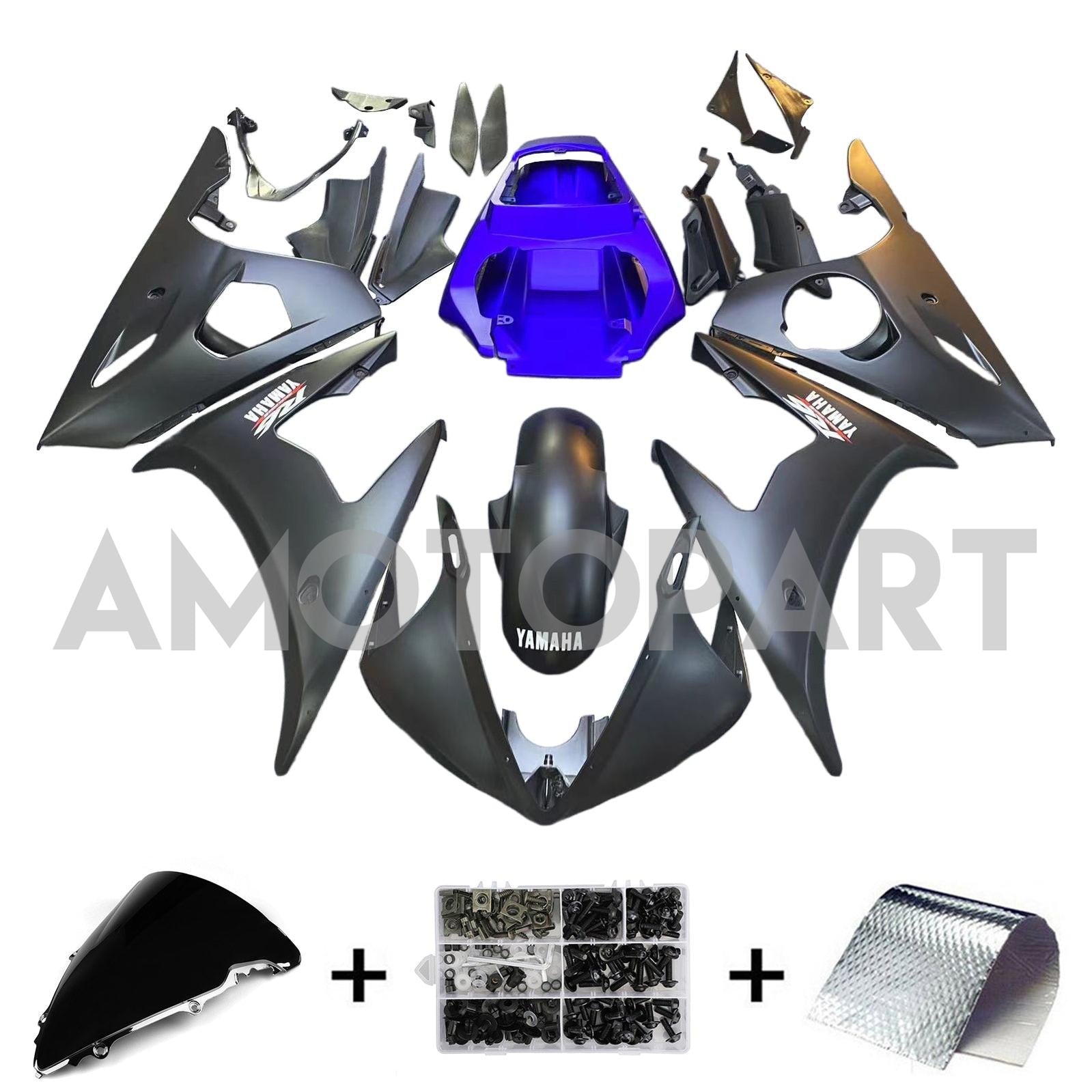 Amotopart Yamaha 2005 YZF 600 R6 Black Blue Fairing Kit