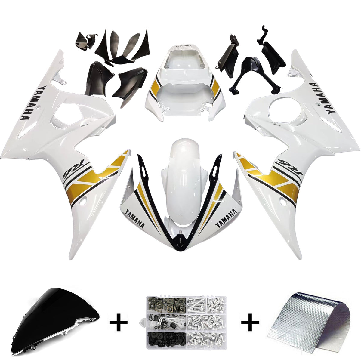 Amotopart 2005 YZF 600 R6 Yamaha Kit de carenado blanco y dorado