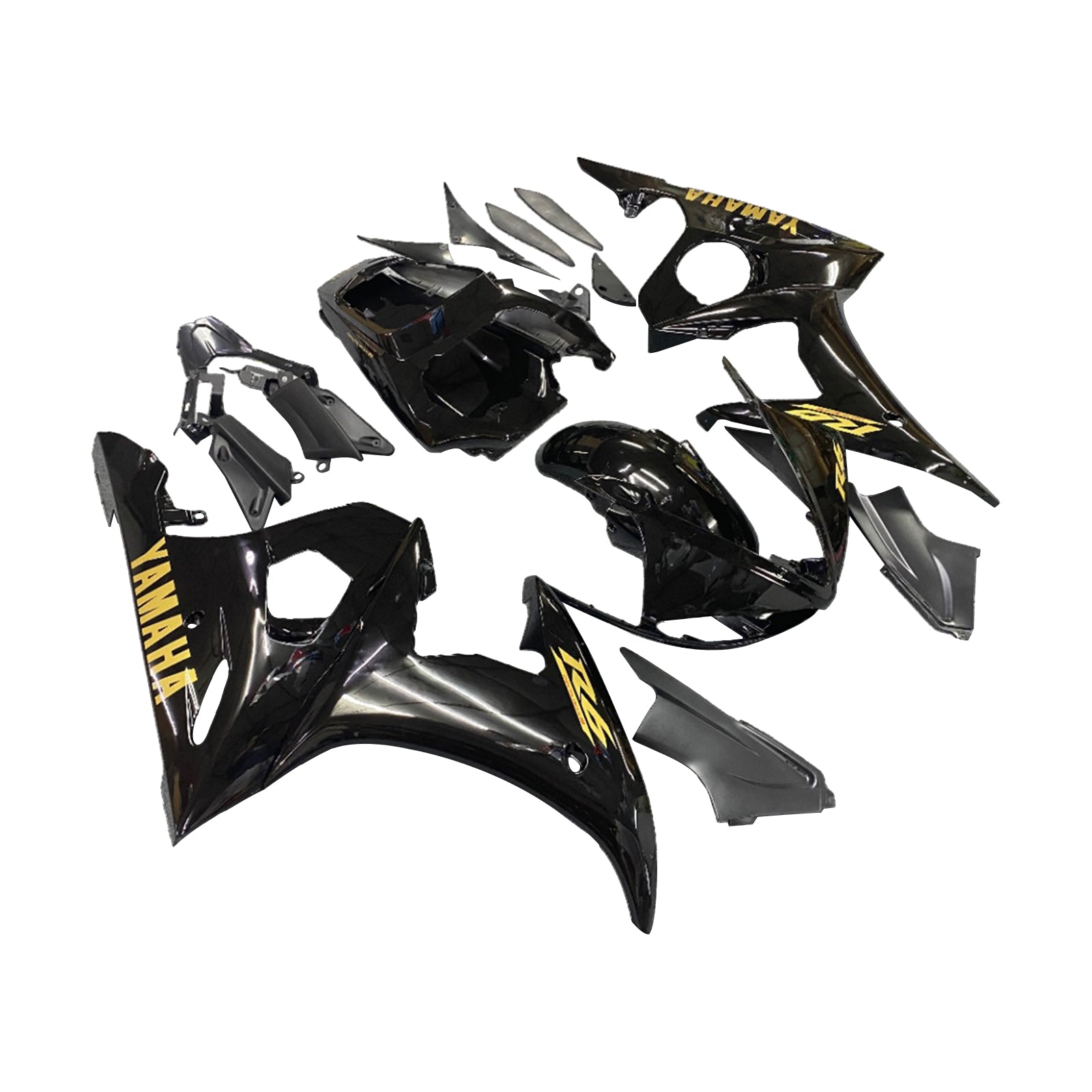 Amotopart Verkleidungsset für Yamaha YZF 600 R6 2005, Schwarz mit goldenem Logo