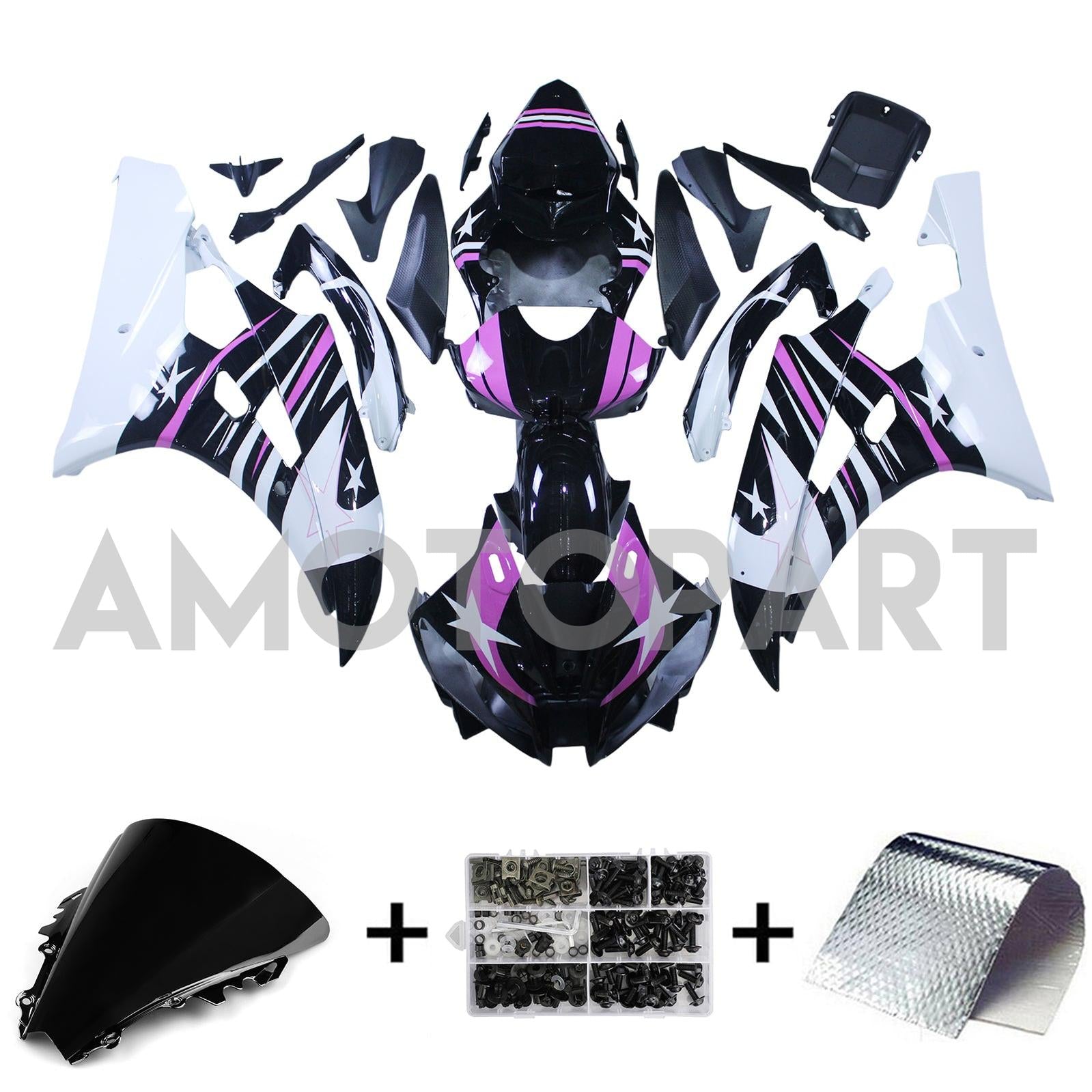 Amotopart 2006-2007 ヤマハ YZF 600 R6 ピンク&ブラック スター フェアリングキット