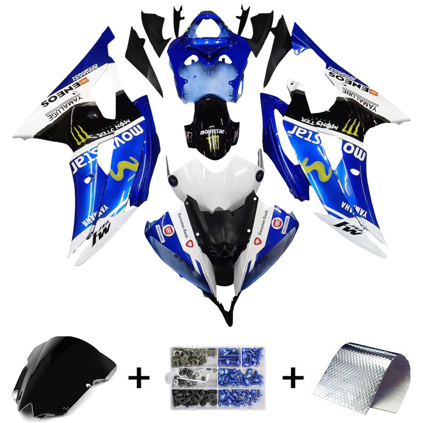 Amotopart 2008-2016 Yamaha YZF 600 R6 blanco y negro con kit de carenado con logotipo