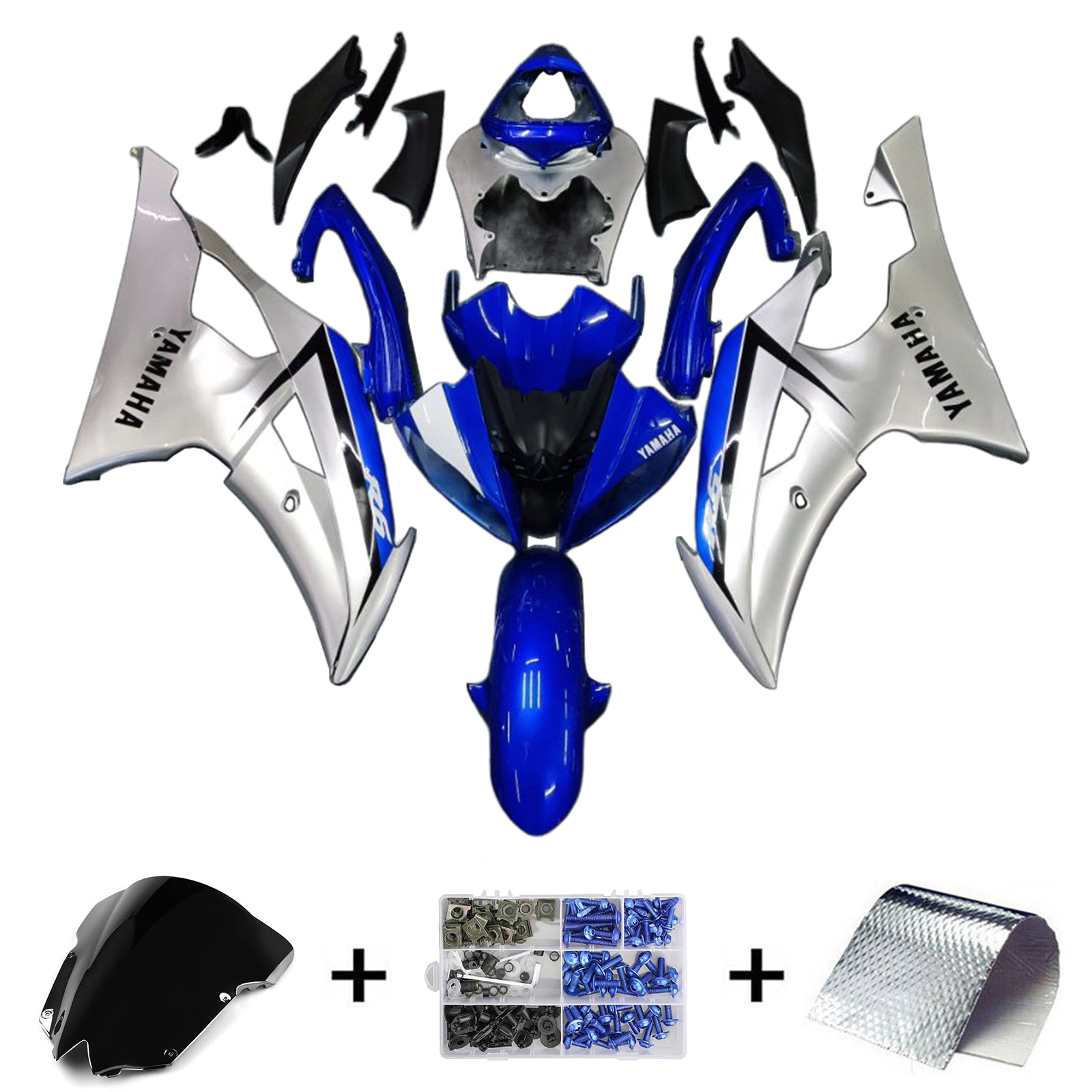 Amotopart 2008-2016 YZF 600 R6 Yamaha Kit de carénage bleu et argent