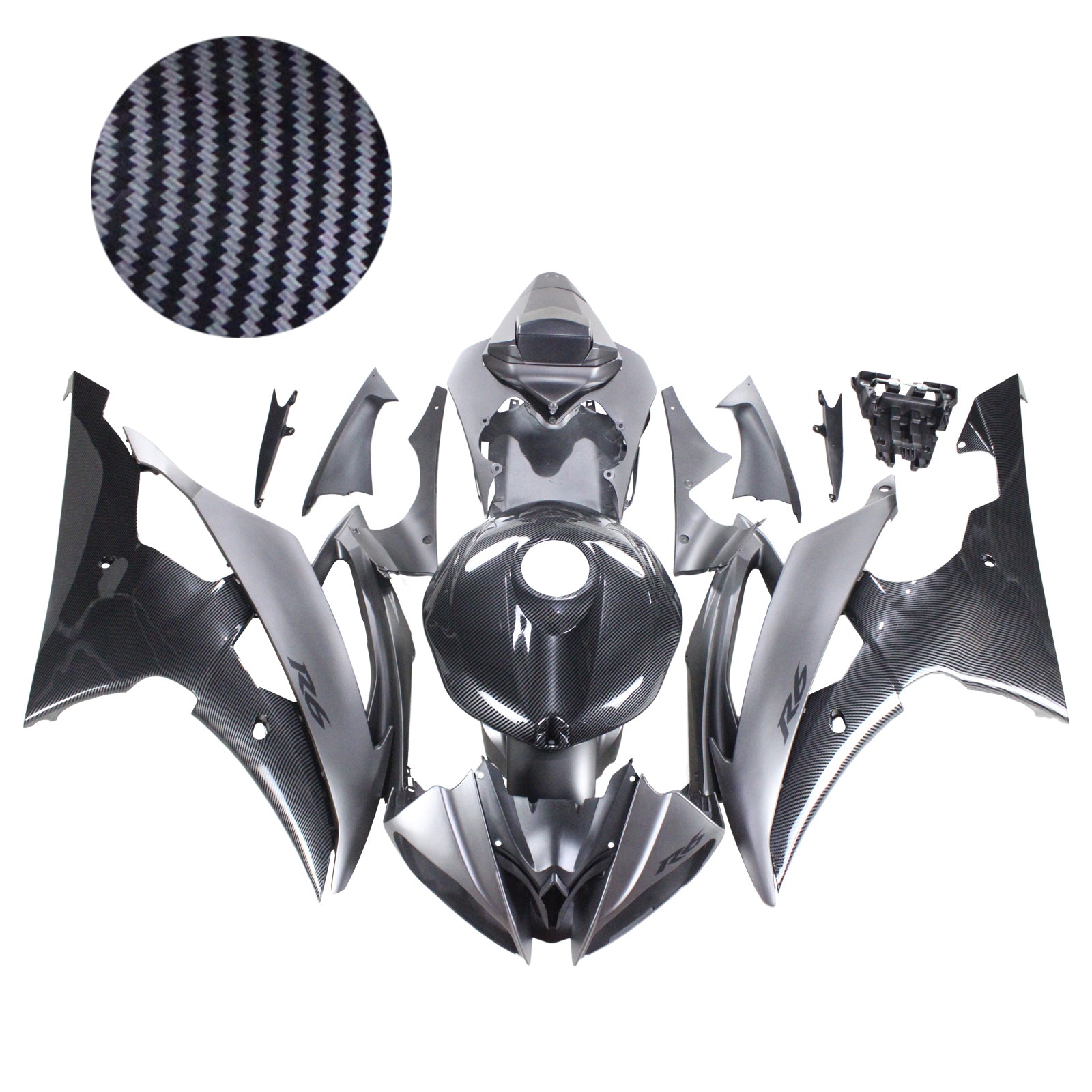 Amotopart 2008-2016 Yamaha YZF 600 R6 Kit de carenado de fibra de carbono negro y gris