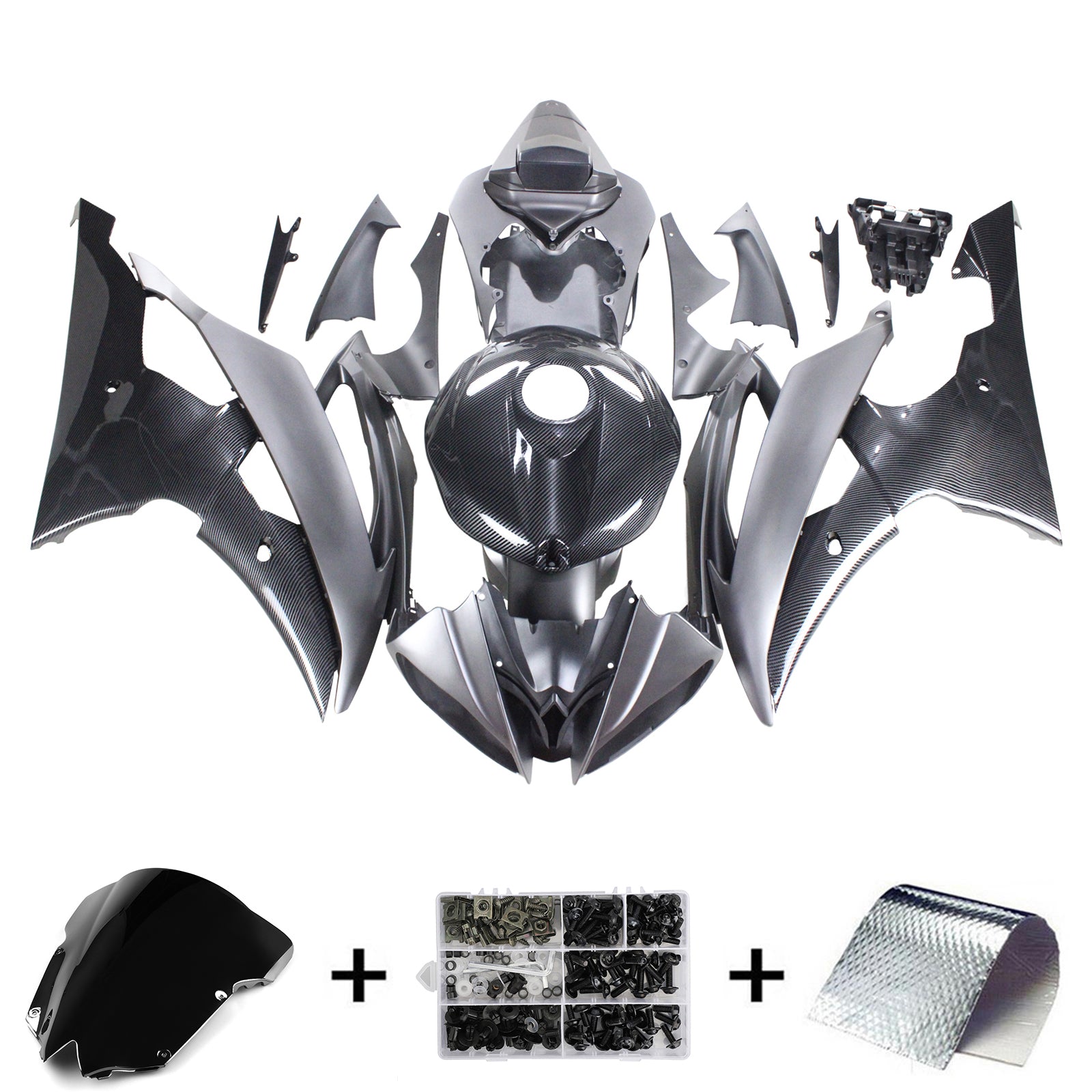 Amotopart 2008-2016 Yamaha YZF 600 R6 Carbon Fiber Black&Grey Fairing Kit