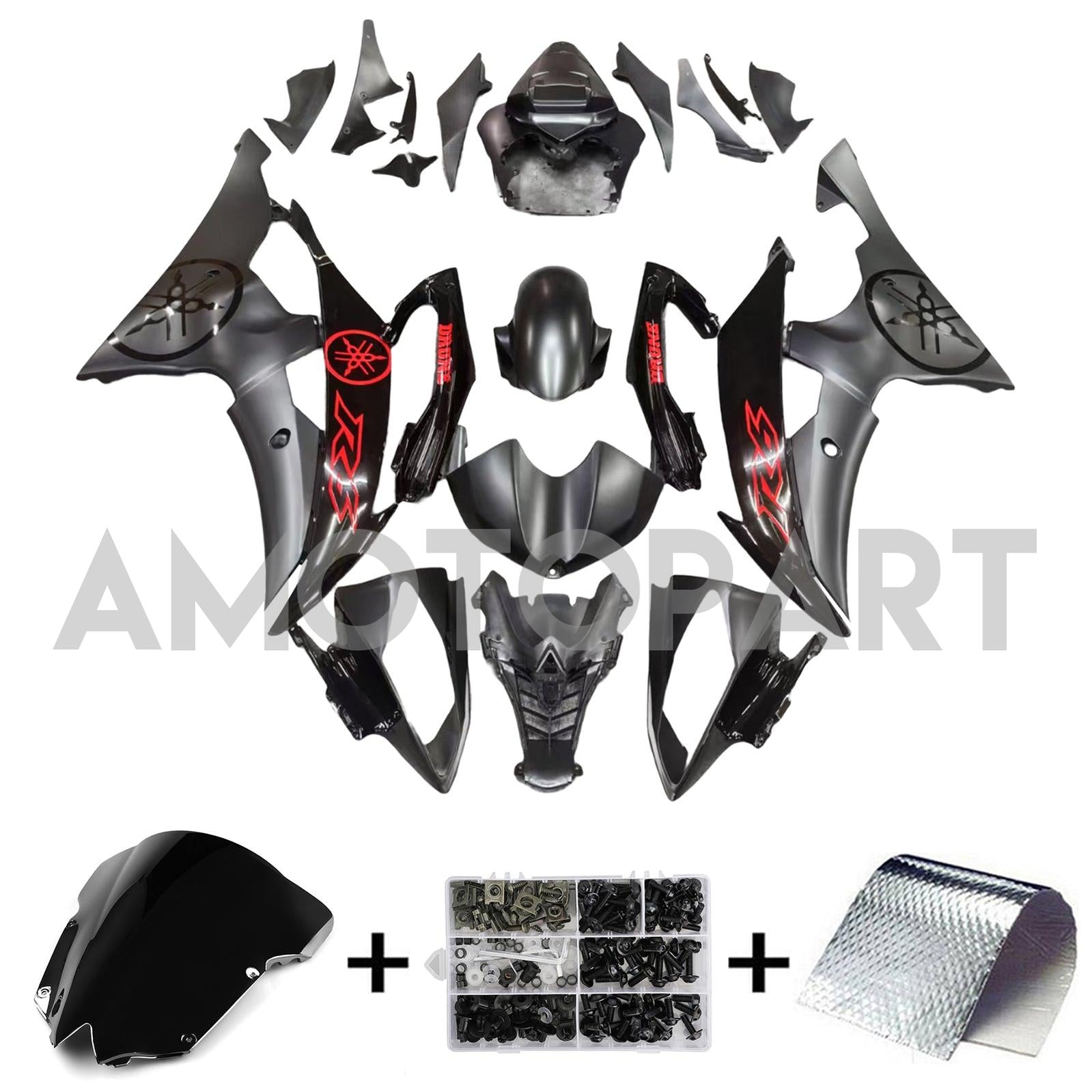 Amotopart 2008-2016 Yamaha YZF 600 R6 Matte Black with Red Logo Fairing Kit