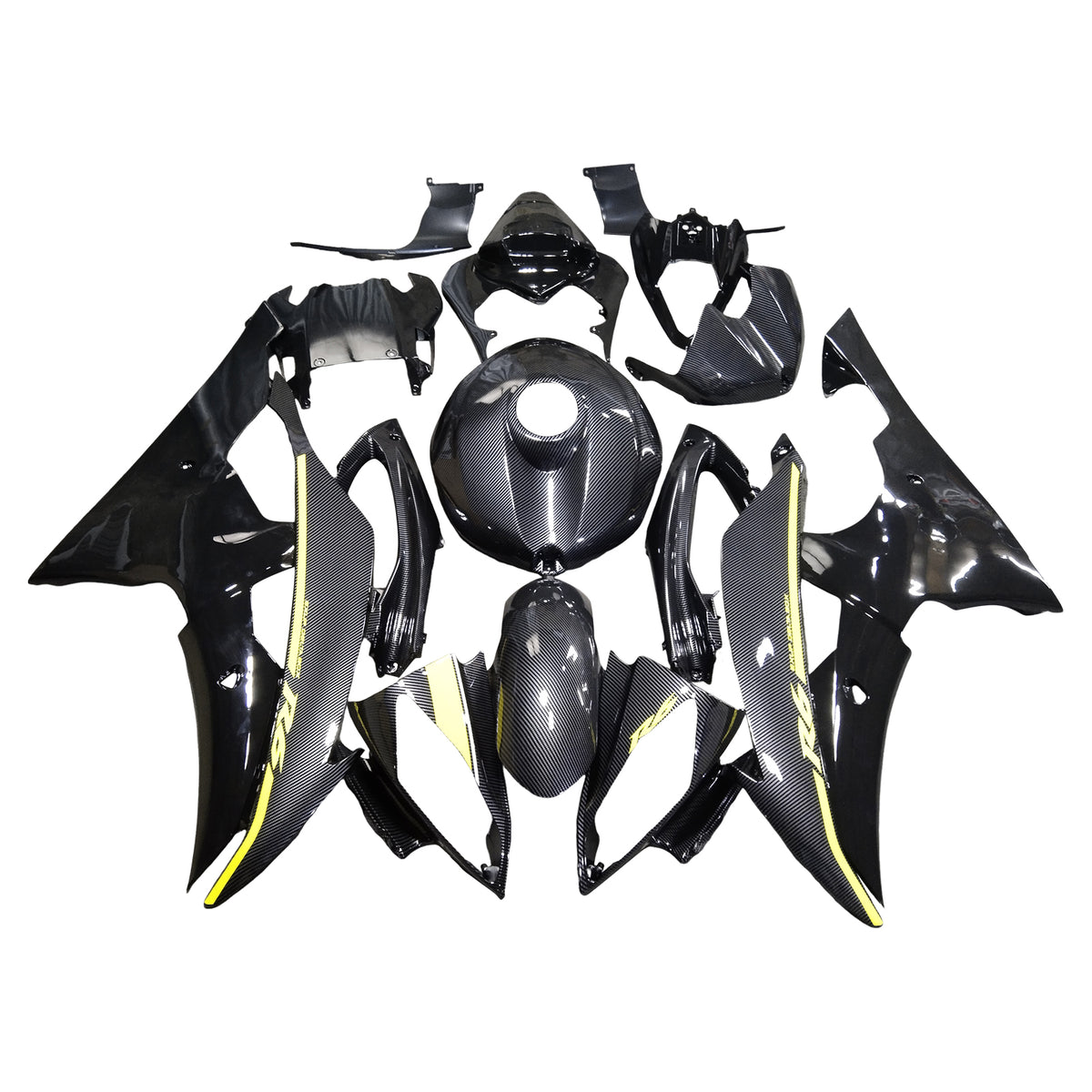 Amotopart 2008-2016 Yamaha YZF-R6 Yellow & Black Carbon Fiber Pattern Fairing Kit