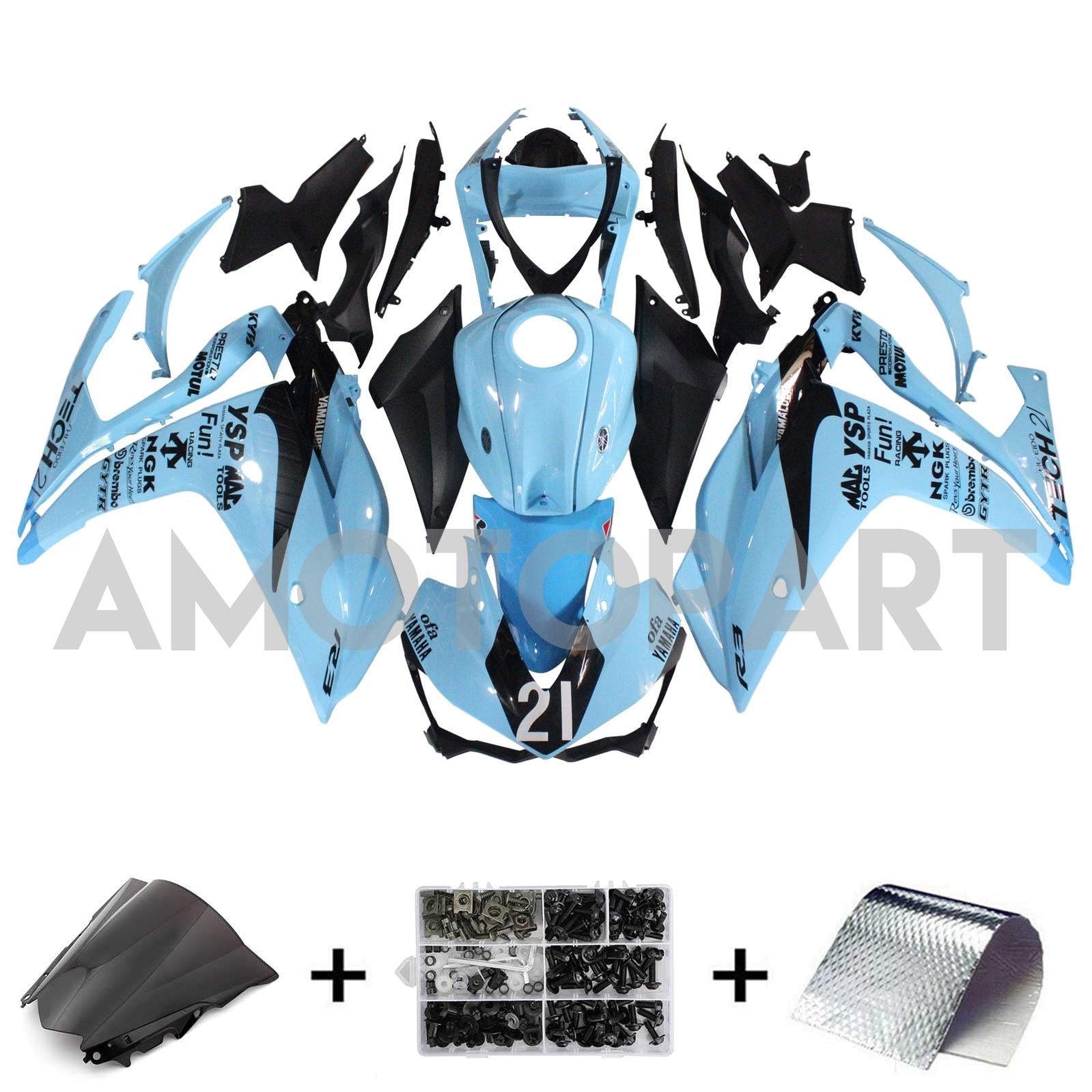 Amotopart Fairing Kit Yamaha 2014-2018 YZF R3 & 2015-2017 YZF R25 Black Blue Fairing Kit