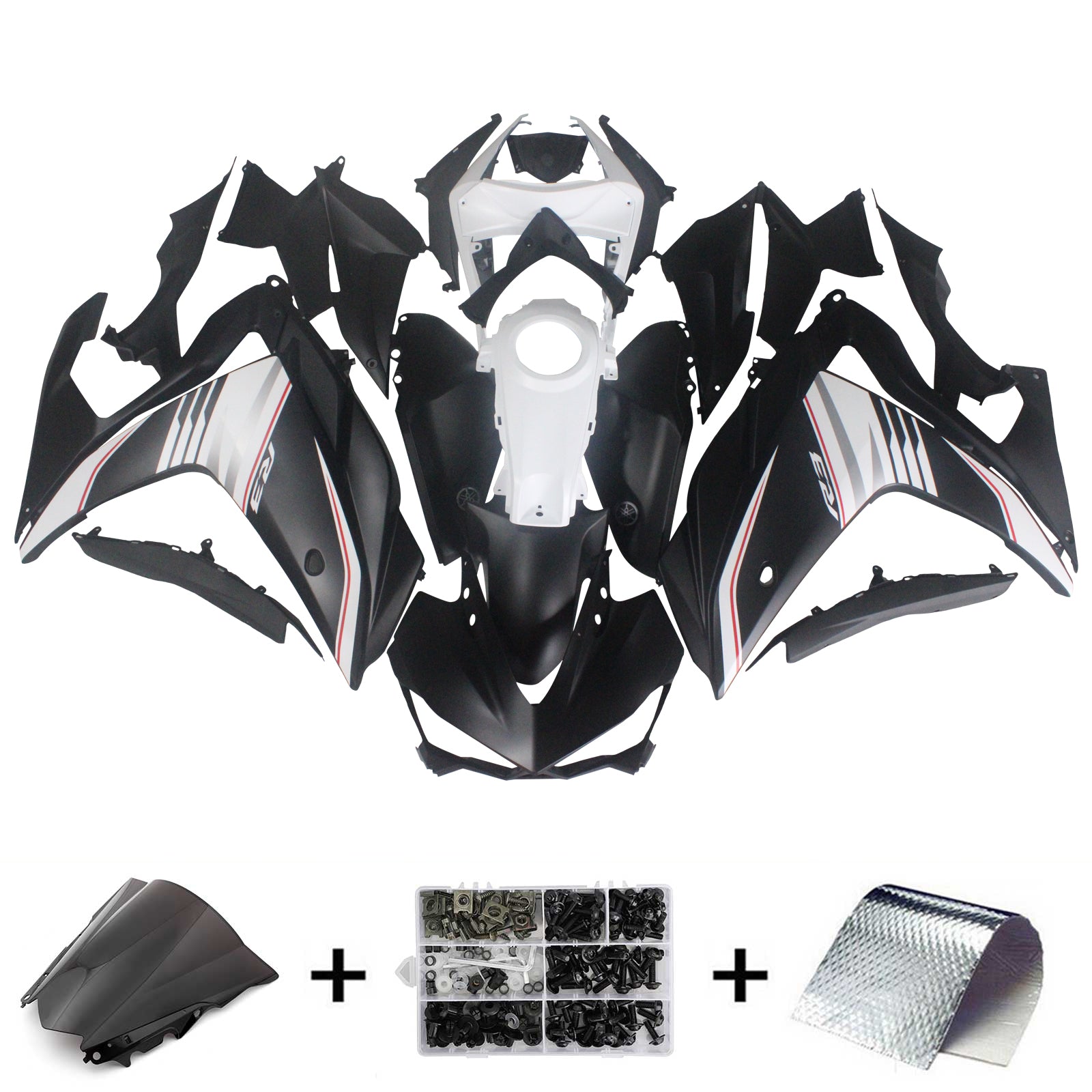 Kit de carénage Amotopart Yamaha 2014-2018 YZF R3 & 2015-2017 YZF R25 Kit de carénage blanc noir