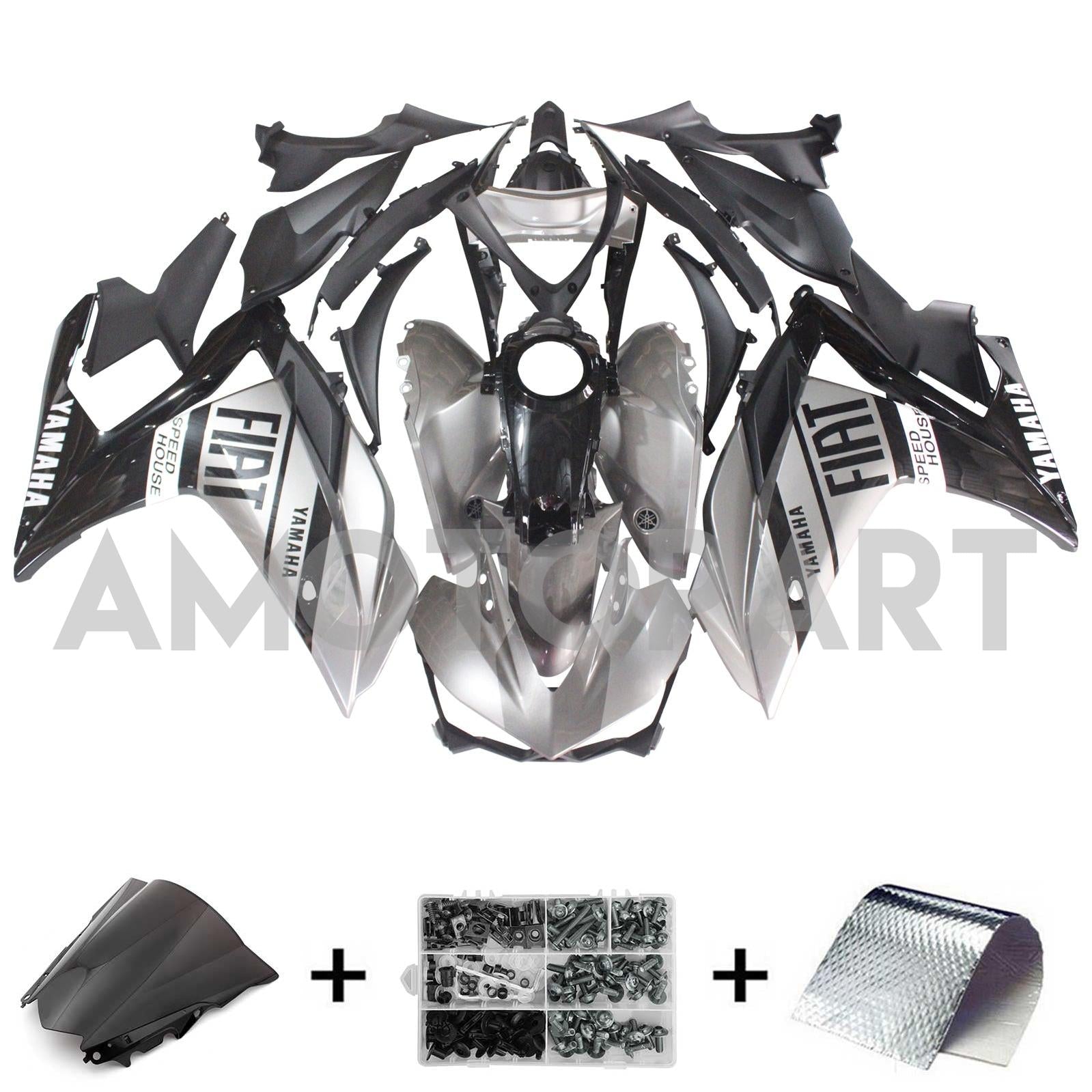 Amotopart Fairing Kit Yamaha 2014-2018 YZF R3 & 2015-2017 YZF R25 Sliver Black Fairing Kit