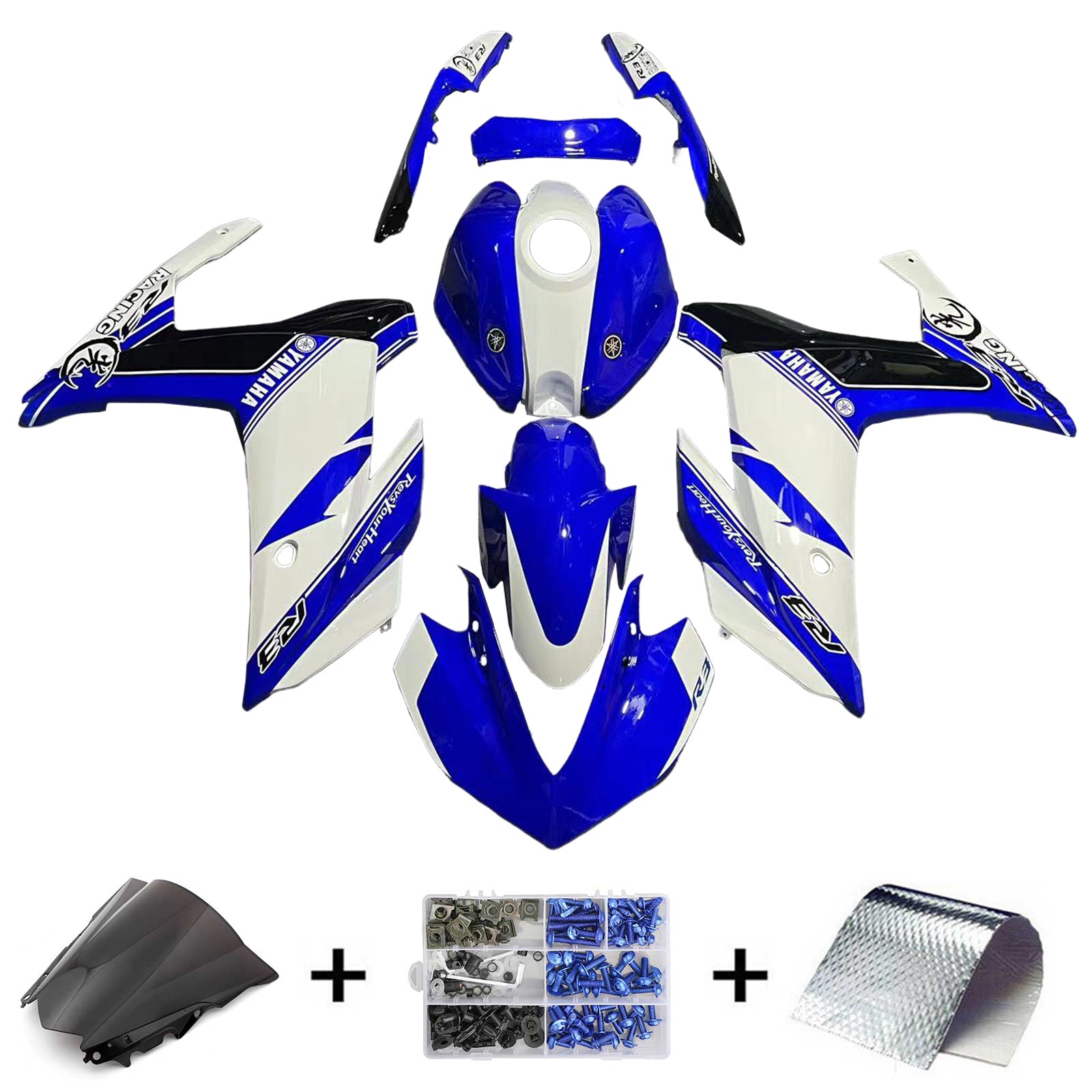 Amotopart Verkleidungsset Yamaha 2014–2018 YZF R3 &amp; 2015–2017 YZF R25 Blue Mix White Verkleidungsset