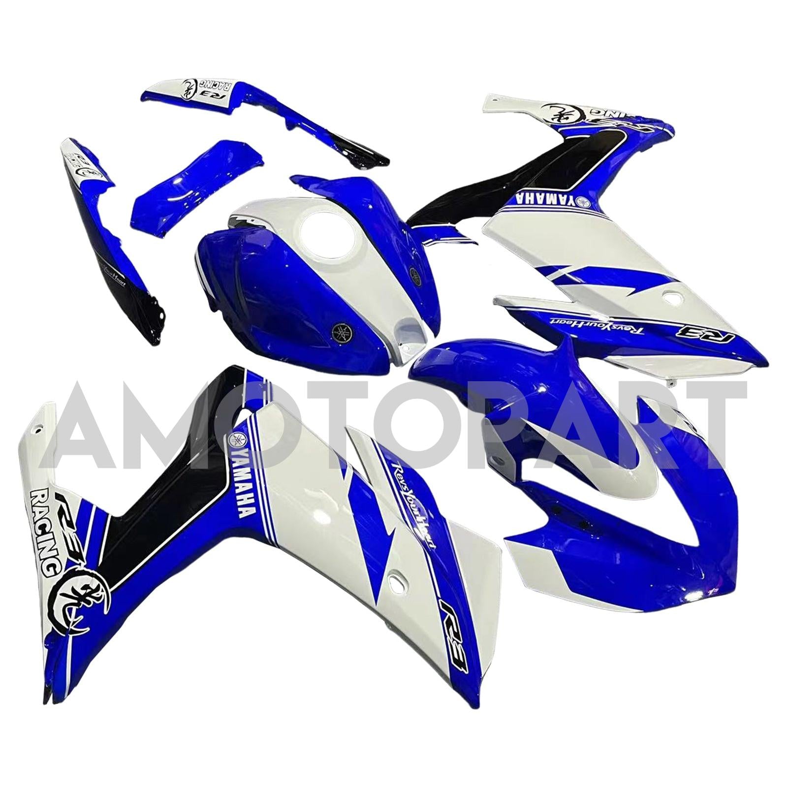 Amotopart Fairing Kit Yamaha 2014-2018 YZF R3 & 2015-2017 YZF R25 Blue Mix White Fairing Kit