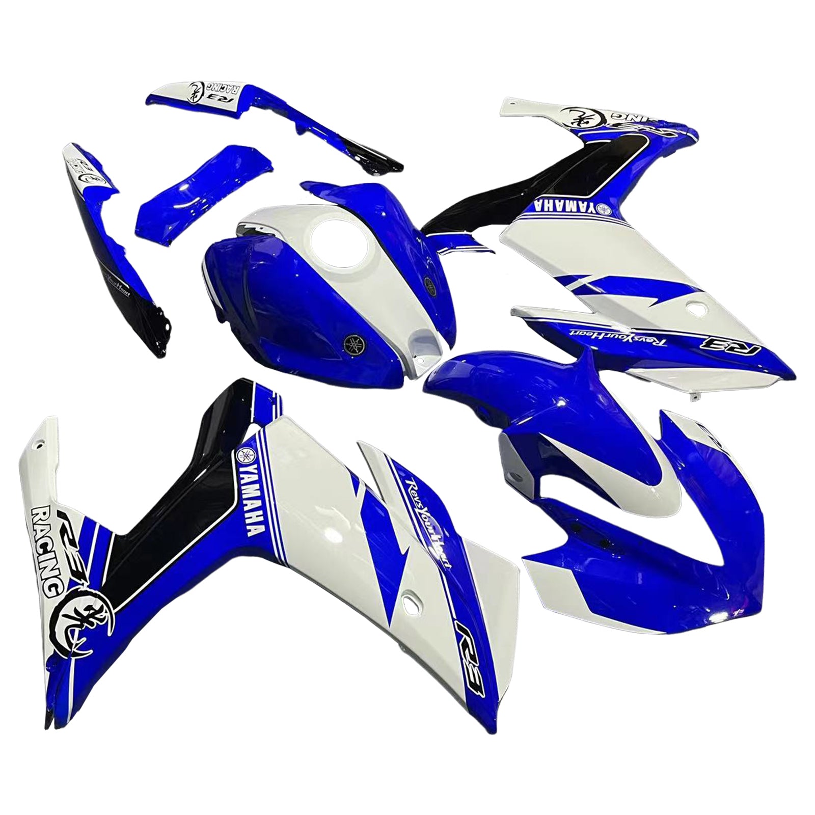 Amotopart Fairing Kit Yamaha 2014-2018 YZF R3 & 2015-2017 YZF R25 Blue Mix White Fairing Kit