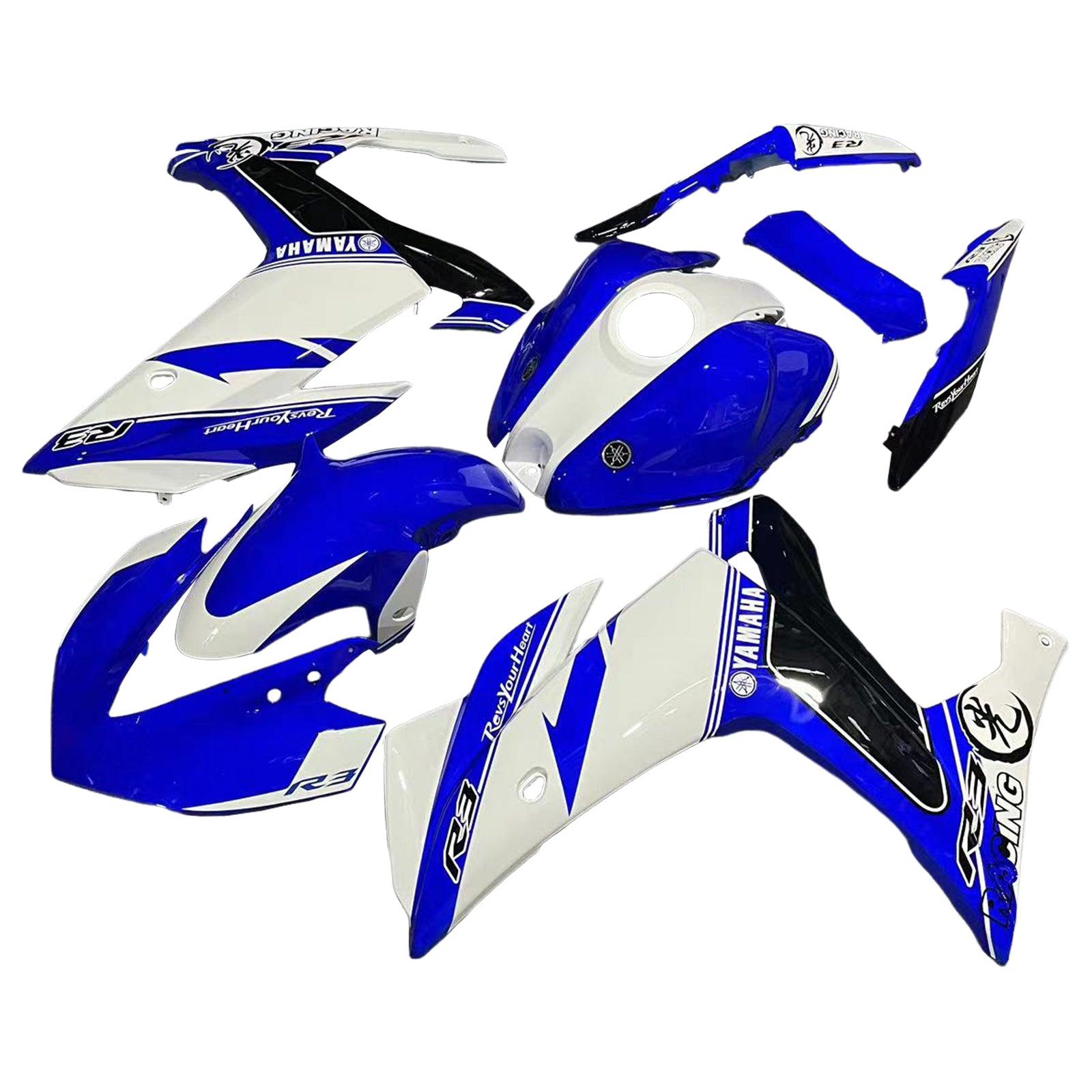 Amotopart Fairing Kit Yamaha 2014-2018 YZF R3 & 2015-2017 YZF R25 Blue Mix White Fairing Kit