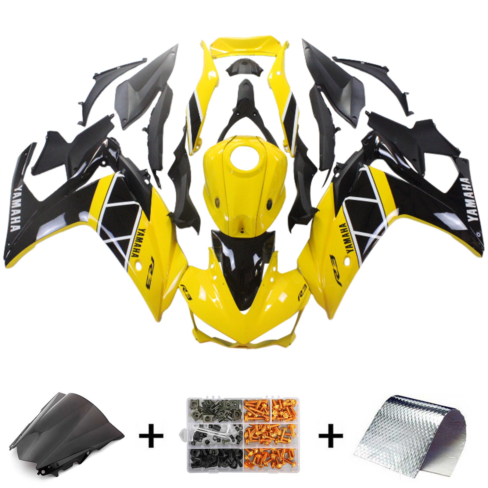 Kit de carénage Amotopart Yamaha 2014-2018 YZF R3 & 2015-2017 YZF R25 Kit de carénage mixte noir jaune