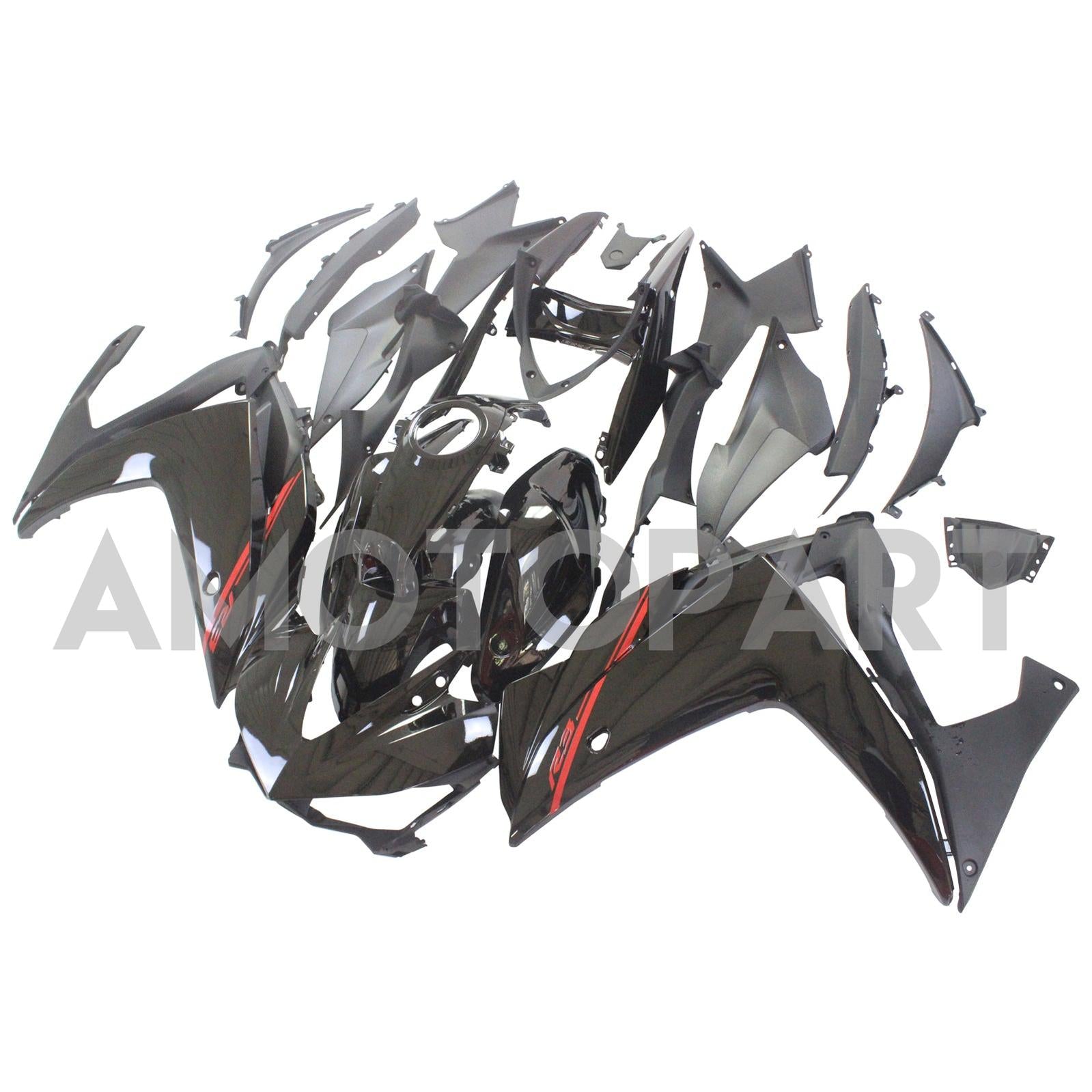 Amotopart Yamaha YZF-R3 2014–2018 R25 2015–2017 Schwarz&Rotes Style2-Verkleidungskit