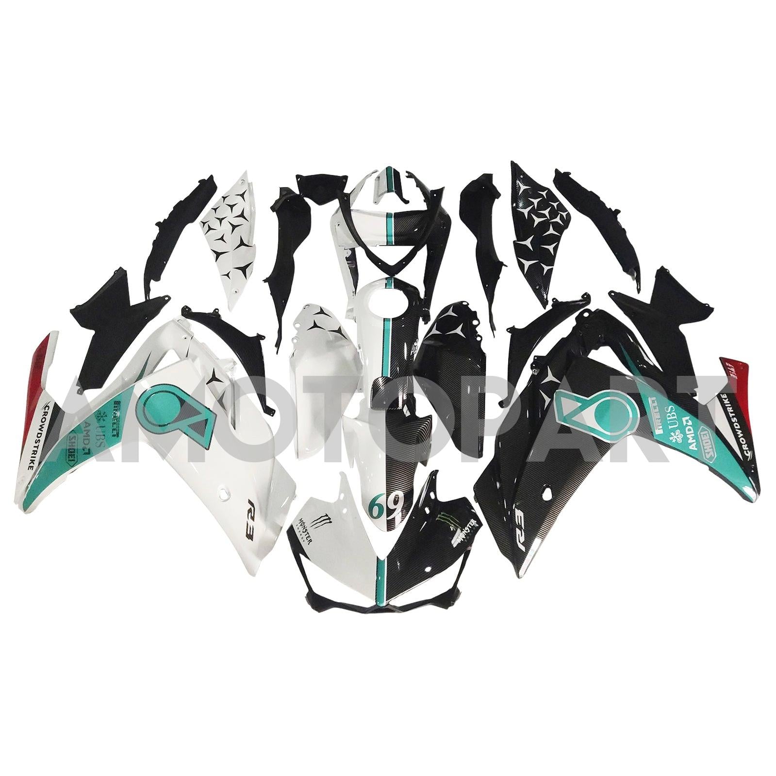 AMOTOPART YZF-R3 2014-2018 R25 2015-2017 Kit de carenagem de fibra de carbono Yamaha Blue & Black