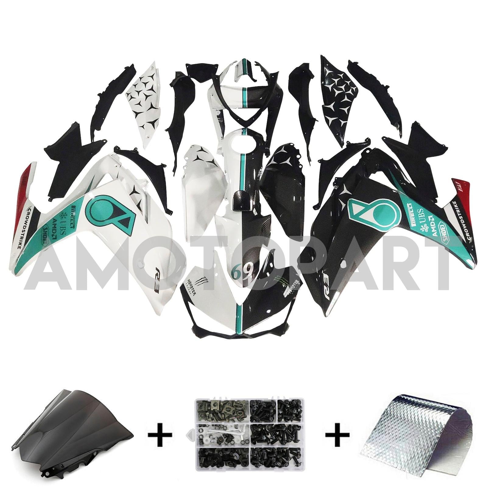 AMOTOPART YZF-R3 2014-2018 R25 2015-2017 Kit de carenagem de fibra de carbono Yamaha Blue & Black