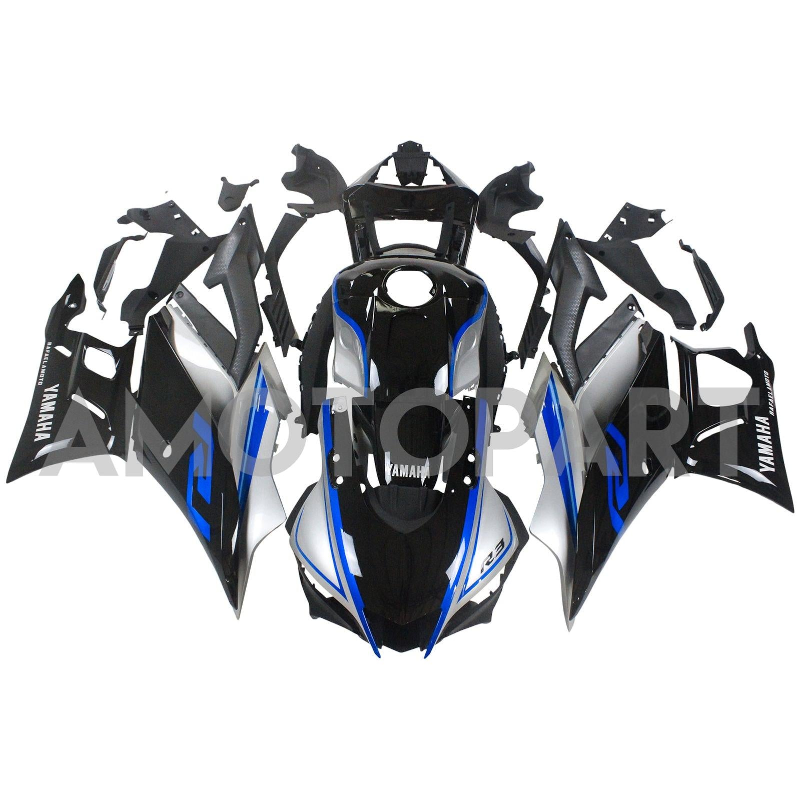 Amotopart Yamaha 2019-2021 YZF R3/YZF R25 Black Sliver Blue Fairing Kit