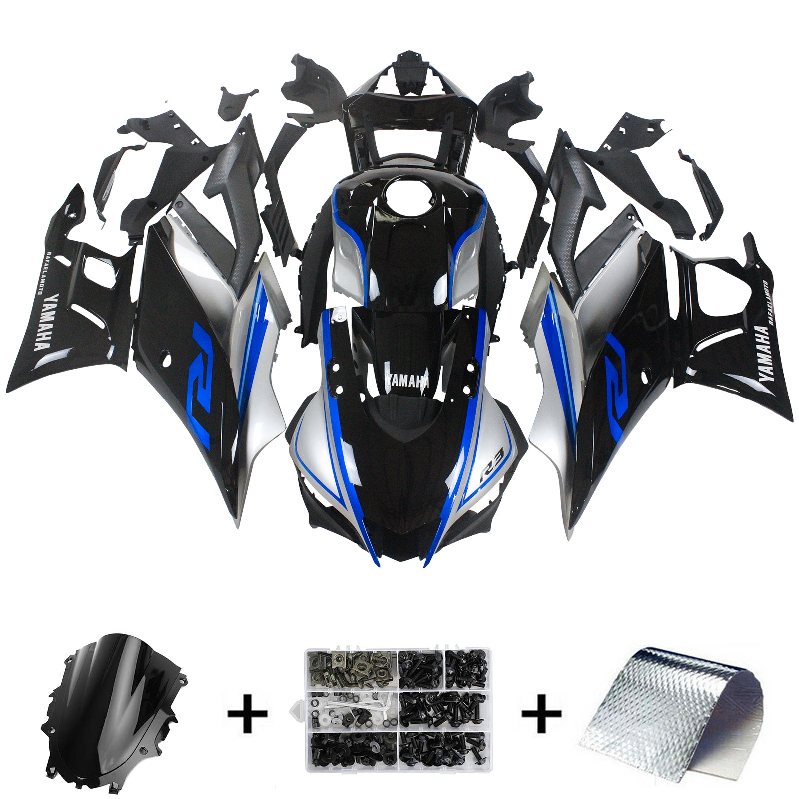 Amotopart Yamaha 2019-2021 YZF R3/YZF R25 Kit de carenado negro plateado azul