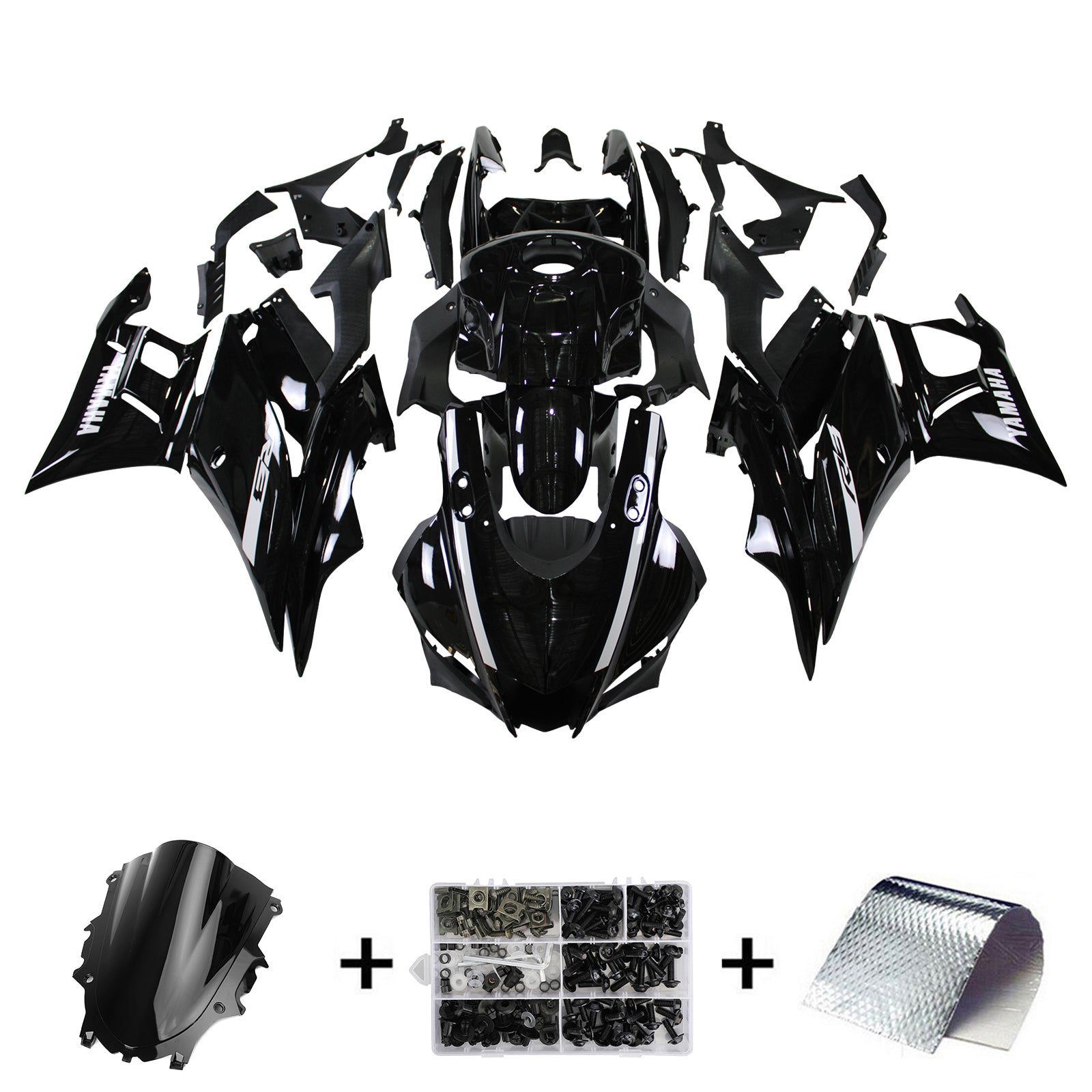 Amotopart 2022-2024 Yamaha YZF-R3 R25 Kit de carenado negro con detalles en blanco